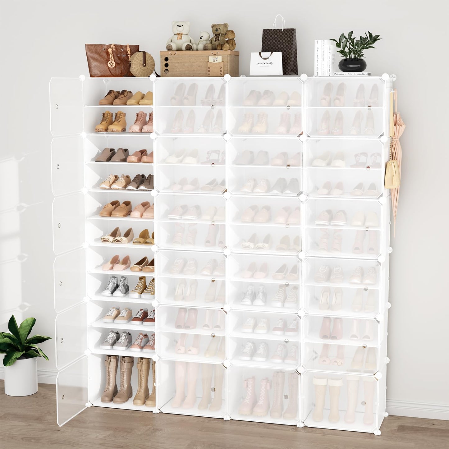 WEXCISE Portable Shoe Rack Organizer with Door, 96 Pairs Shoe Storage Cabinet Easy Assembly, Plastic Adjustable Shoe Storage Organizer Stackable Detachable Free Standing DIY Expandable 12 Tier White