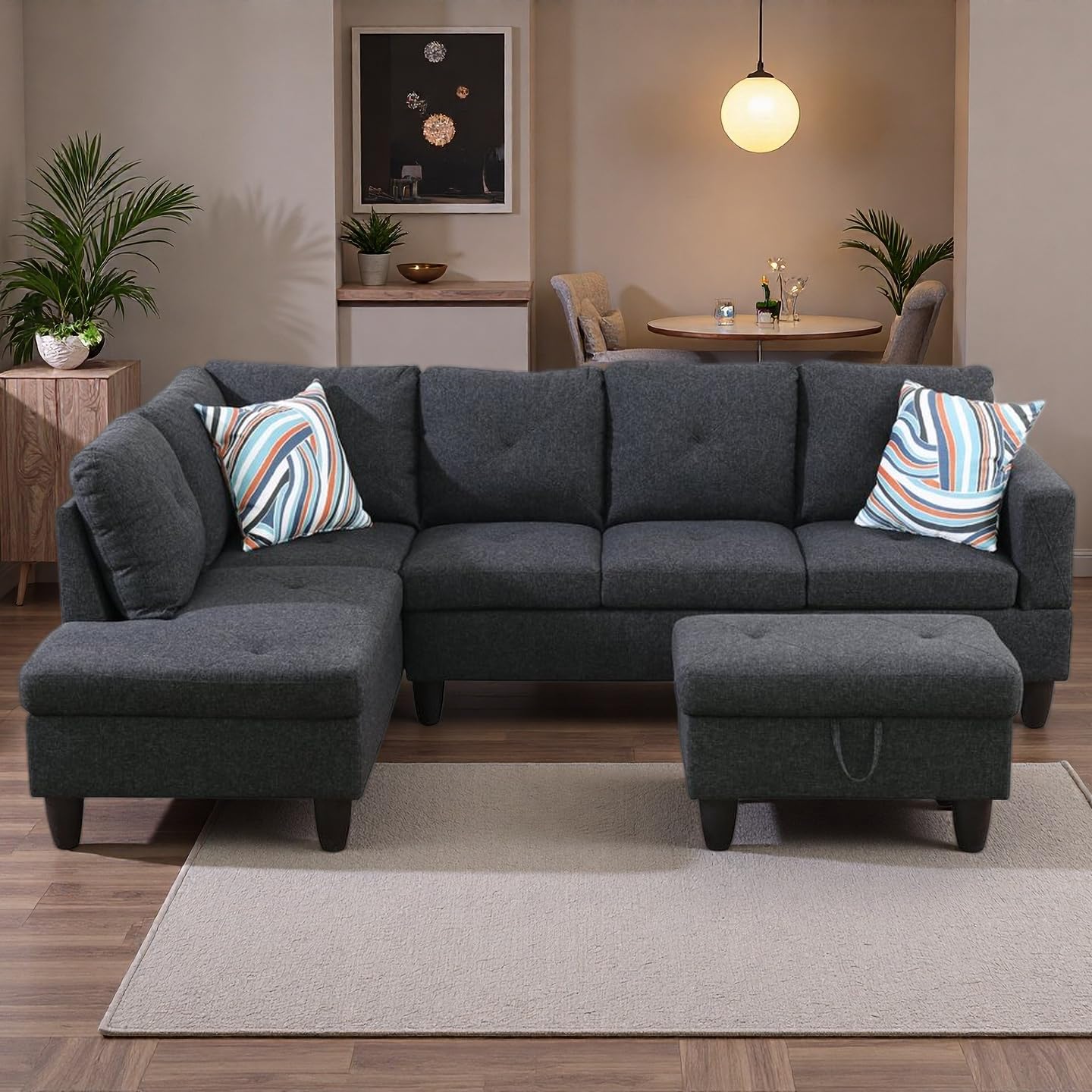 NicBex Sectional Couch 3 Pieces Sofa Set, L-Shaped Modular Couches for Living Room, Furniture Sets with Lounge Chaise & Storage Ottoman, Multi-Scene Use for Apartment & Office, Black Grey