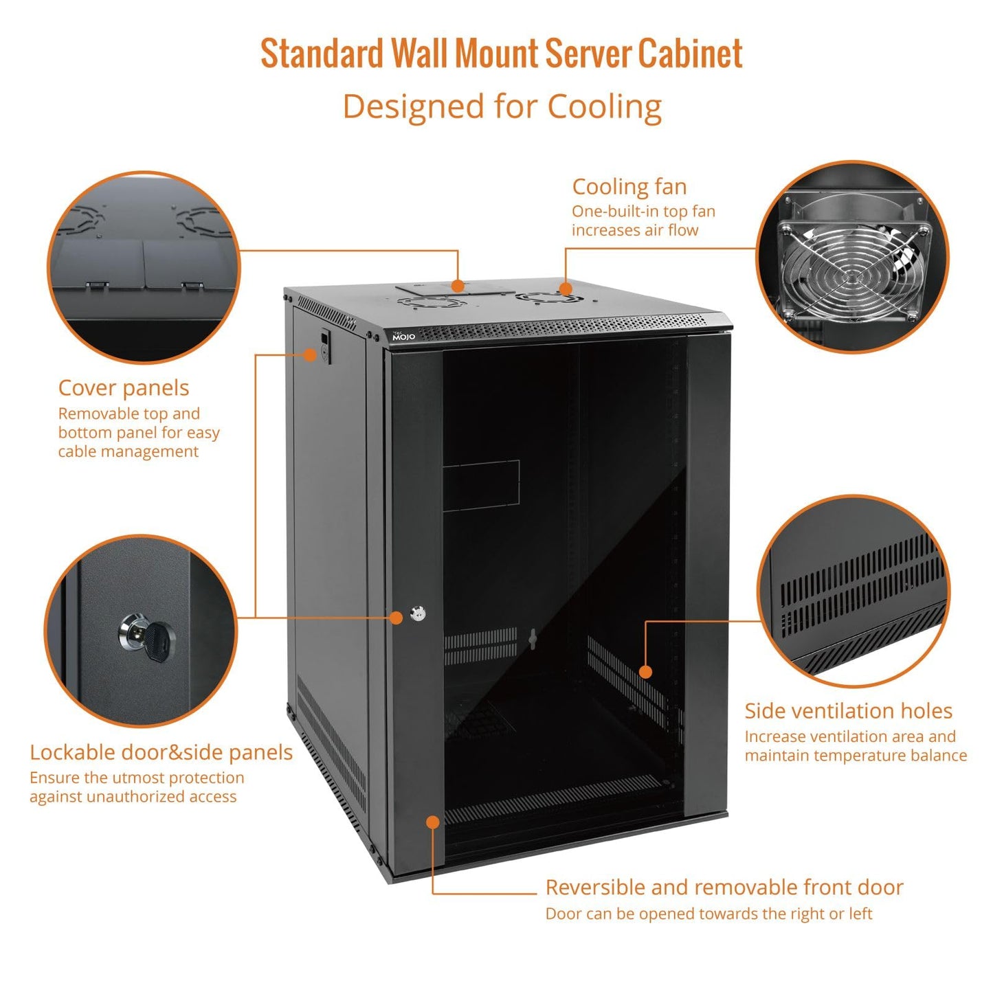 Tecmojo 18U Wall Mount Rack Network Cabinet for 19" IT Equipment,with Lockable Glass Door and Side Panels,Cooling Fan,Black,17.7inch Depth for AV/Computer/Electronics Equipment Data Rack