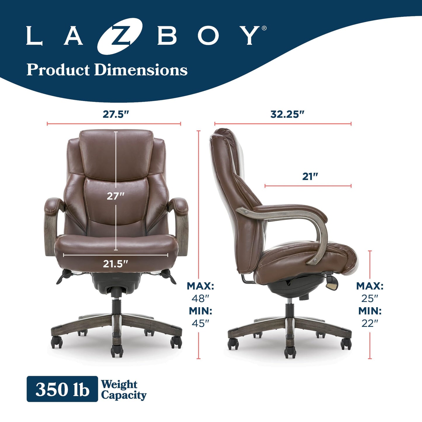 La-Z-Boy Delano Big and Tall Executive Office Chair - Ergonomic Lumbar Support Memory Foam - Bonded Leather Desk Chair for Home Office - Weathered Gray Wood Arms - Brown