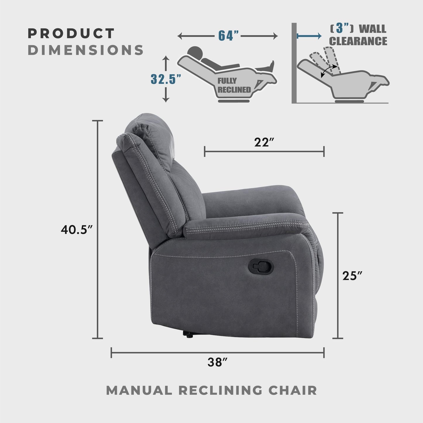 Lexicon Manual Recliner Chair, Polished Microfiber Reclining Sofa Chair, Home Theater Seating, Wall Hugger Manual Recliner for Living Room/Office/Apartment, Gray