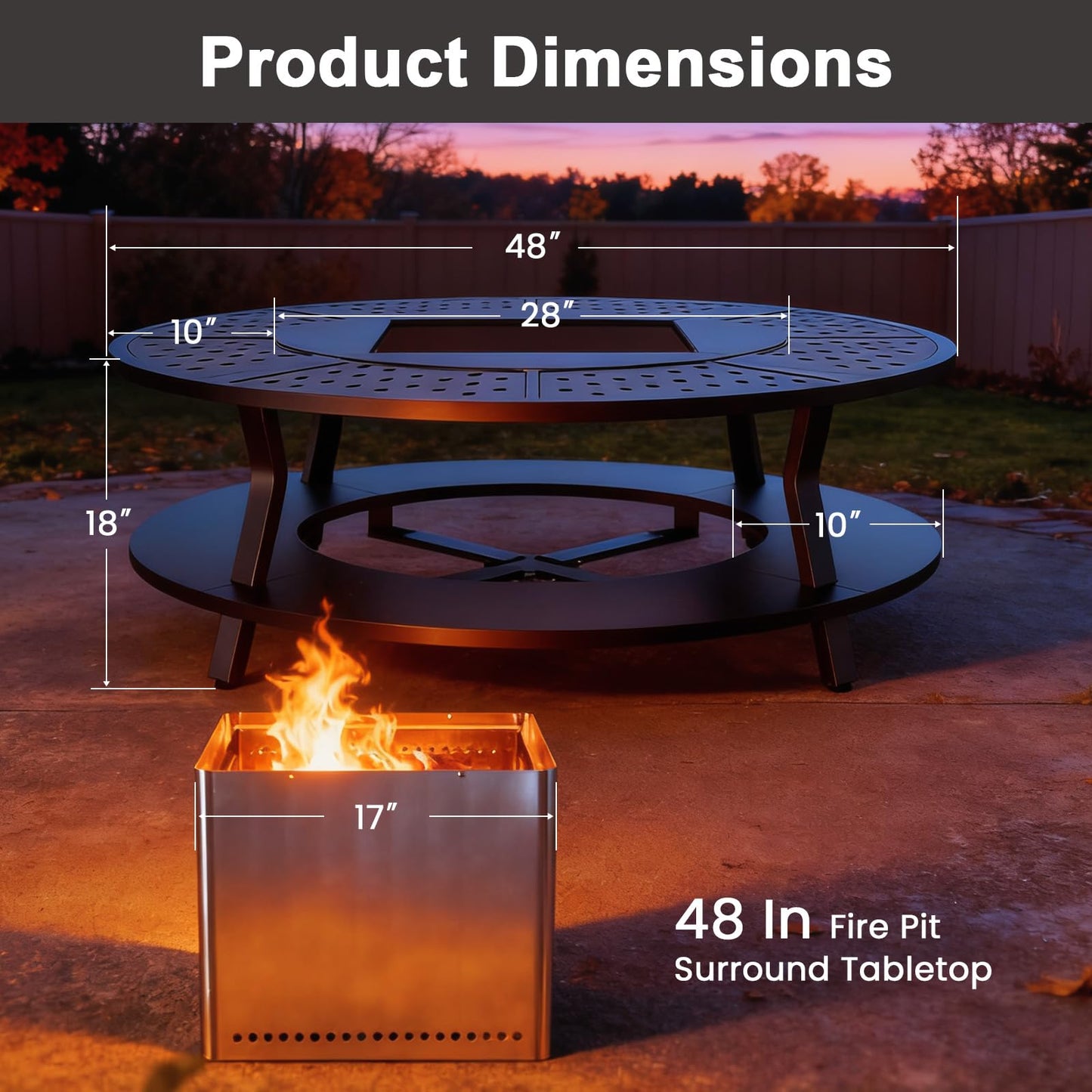 Uniflasy Smokeless Fire Pit and Fire Pit Surround Tabletop, Portable Protective Barrier Equal Width, Safety & Extra Space, 48" Outdoor Tabletop & 17" Smokeless Firepit for Backyard, Camping & Party