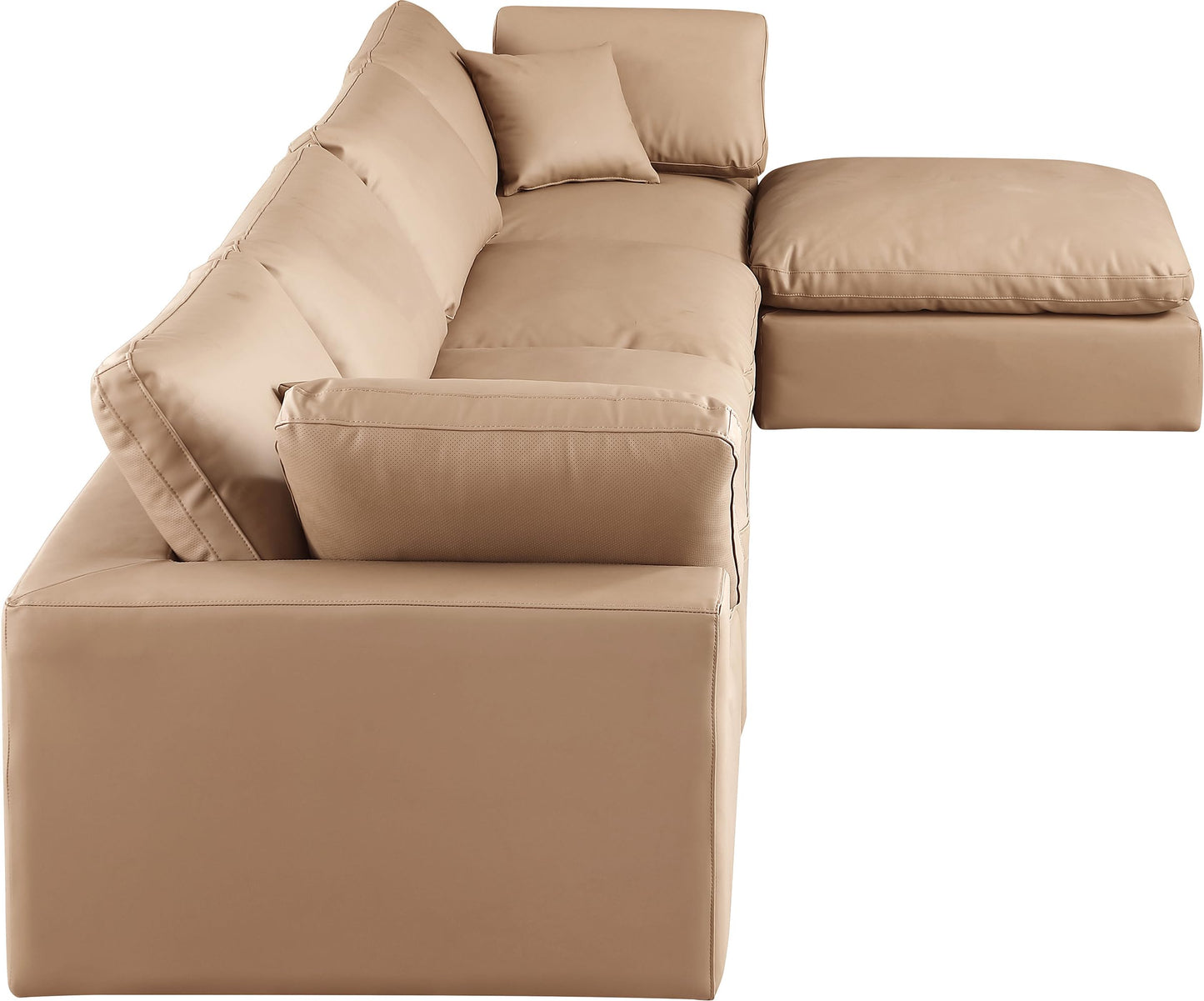 Meridian Furniture 188Tan-Sec5A Comfy Collection Modern | Contemporary Upholstered Modular Sectional, Soft Tan Vegan Leather, Fiber-Filled, 158" W x 79" D x 34.5" H, Tan
