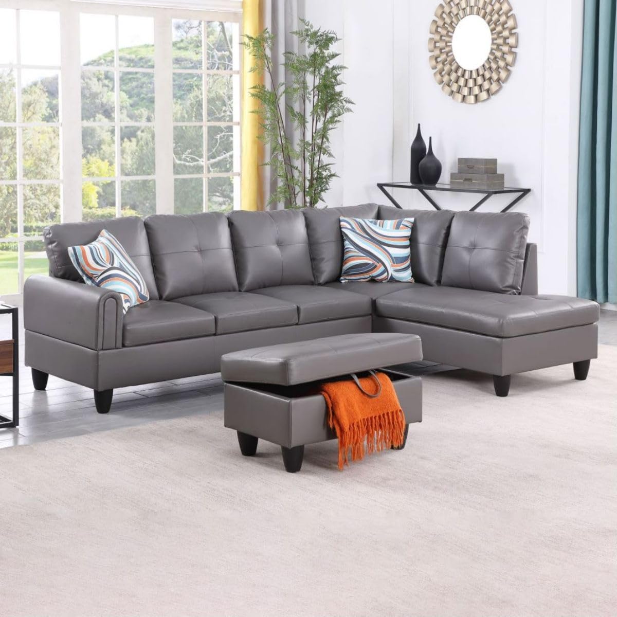 UOCFYK Dark Grey L-Shaped 3-Piece Faux Leather Sofa with Storage Ottoman Set, Sectional Couch Sofa Set for Living Room, Office, Small Space