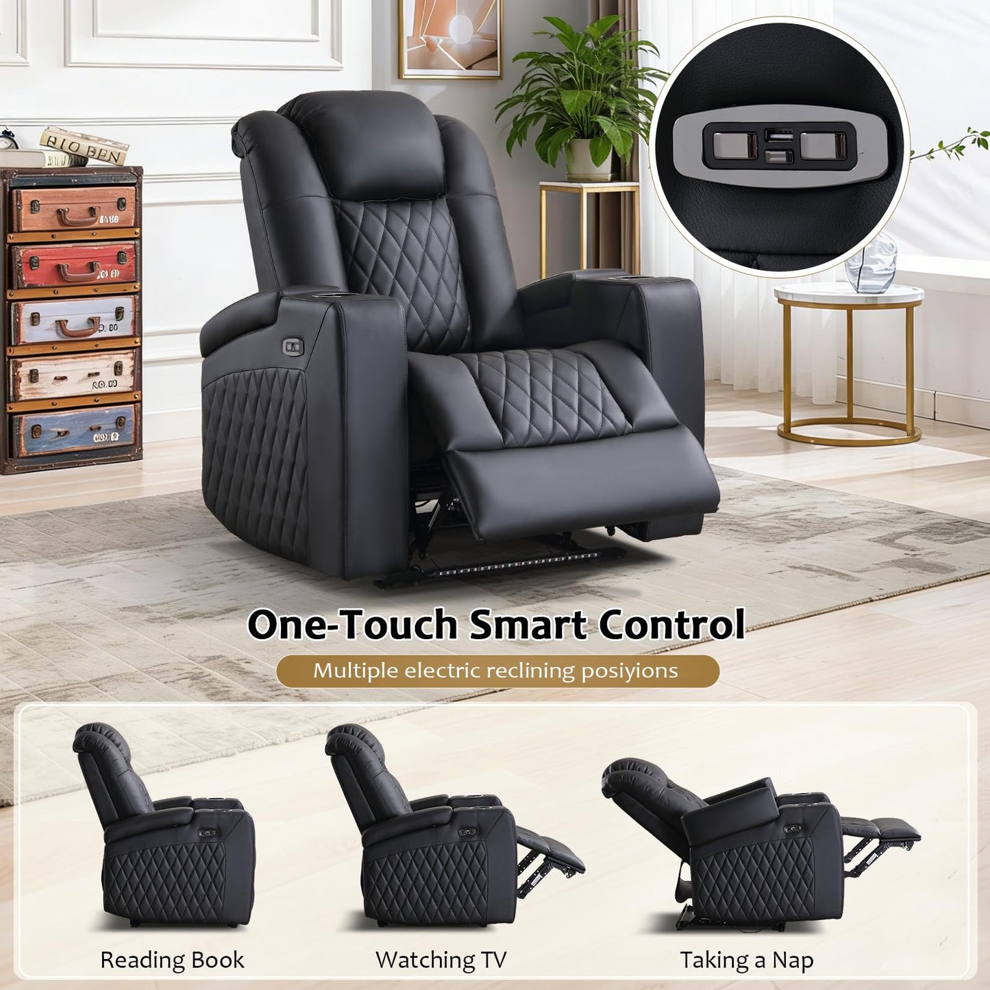 ANJ Home Theater Seating Power Recliner with Hidden Arm Storage, Faux Leather Recliners with LED Light, Electric Movie Reclining Chairs with USB Ports & Cup Holders for Media Living Room, Black