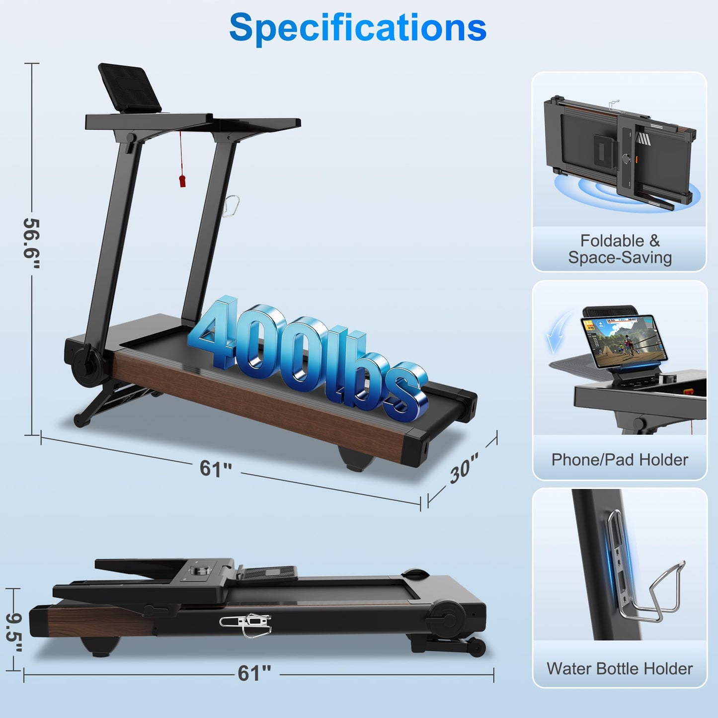 Borgusi Treadmills for Home with Auto Incline - Fully Assembled, 4 Hp Foldable Treadmill, 18.9 Inch Wide, 400 Lb Capacity, LED Display, 12 Mph Speed, Bluetooth App and Speaker, Shock Absorbent