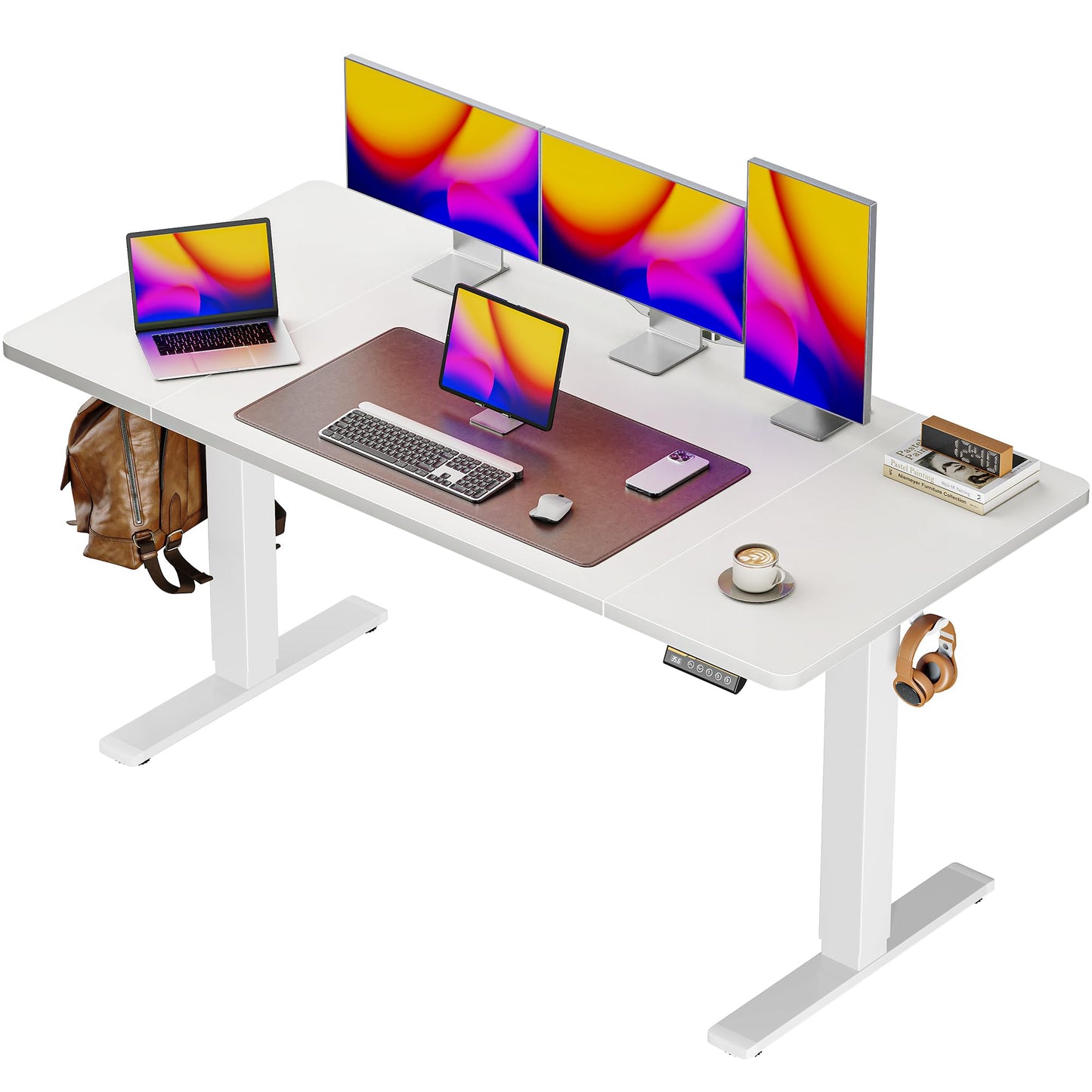 Huuger 55 x 28 Large Electric Standing Desk, Height Adjustable Copmuter Desk, 27.6" Deep Desktop, Stand up Gaming Office Table with 2 Hooks, 3 Preset Heights, for Home Office, White