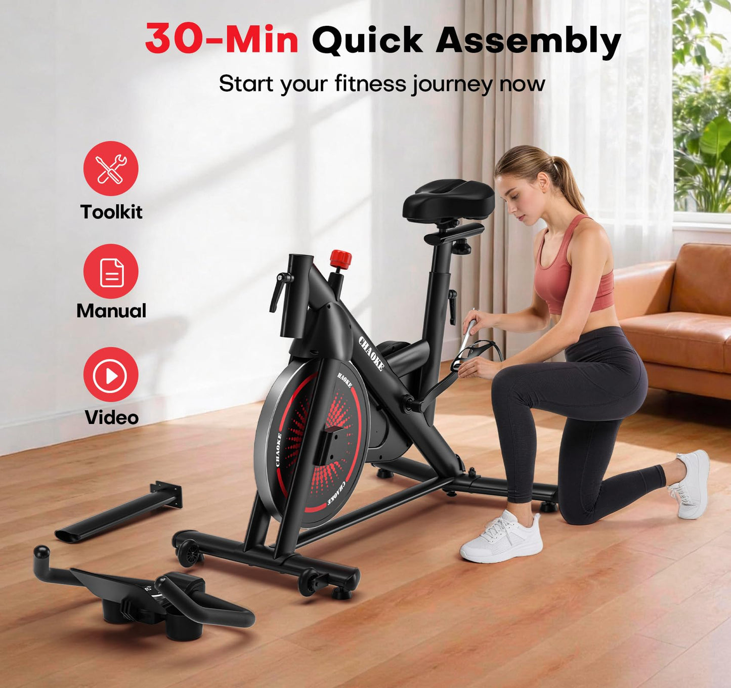 CHAOKE Exercise Bike, Quiet Adjustable Magnetic Stationary Bike for Home Cardio with App Compatible, 350LB Weight Capacity Indoor Cycling Bike with Mat, Large Seat, Digital Display for Home Fitness