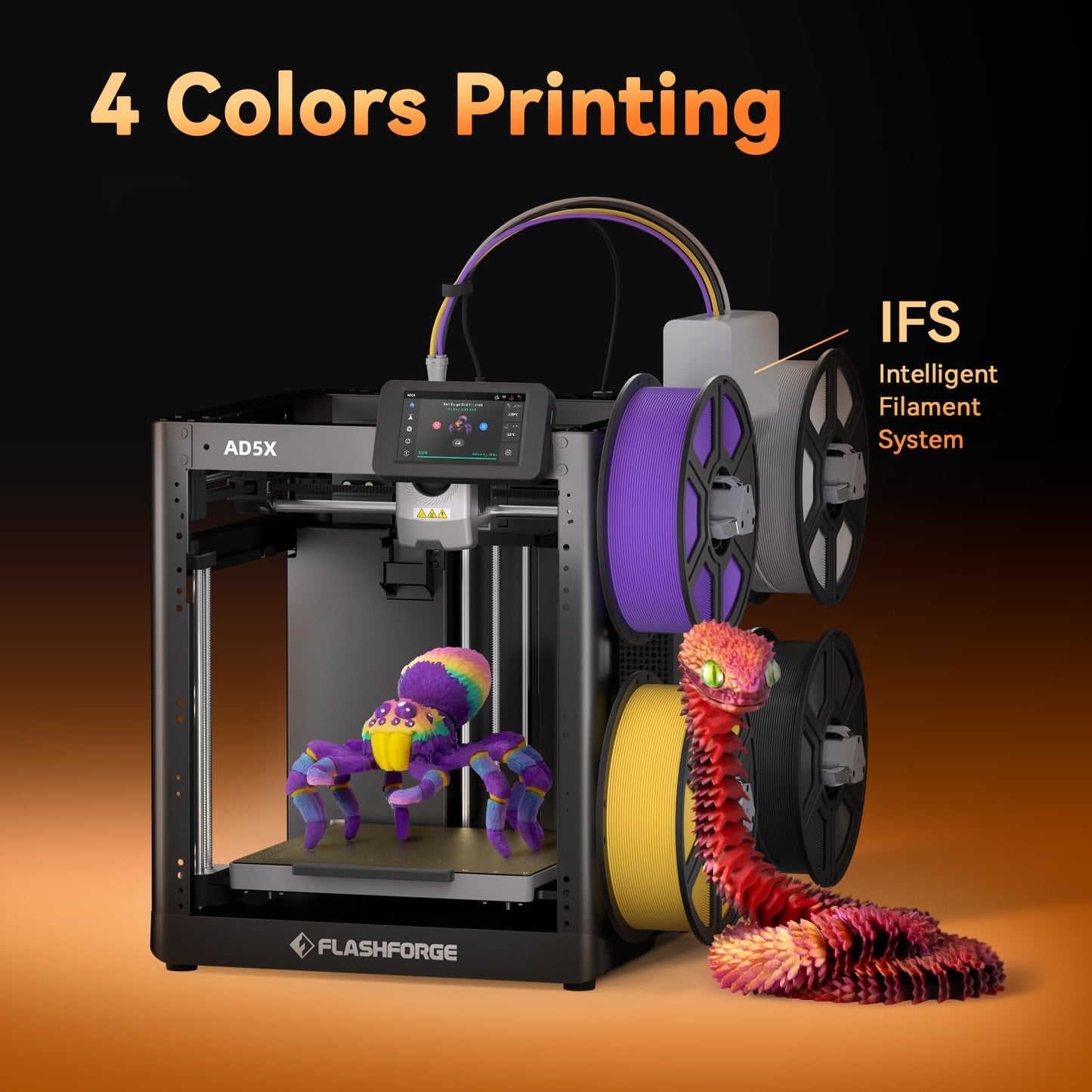 Flashforge AD5X Multi-Color 3D Printer, 600mm/s High-Speed 4 Color 3D Printer with 300˚C Nozzle, Auto Leveling and PEI Flexible Plate, 8.7 x 8.7 x 8.7in