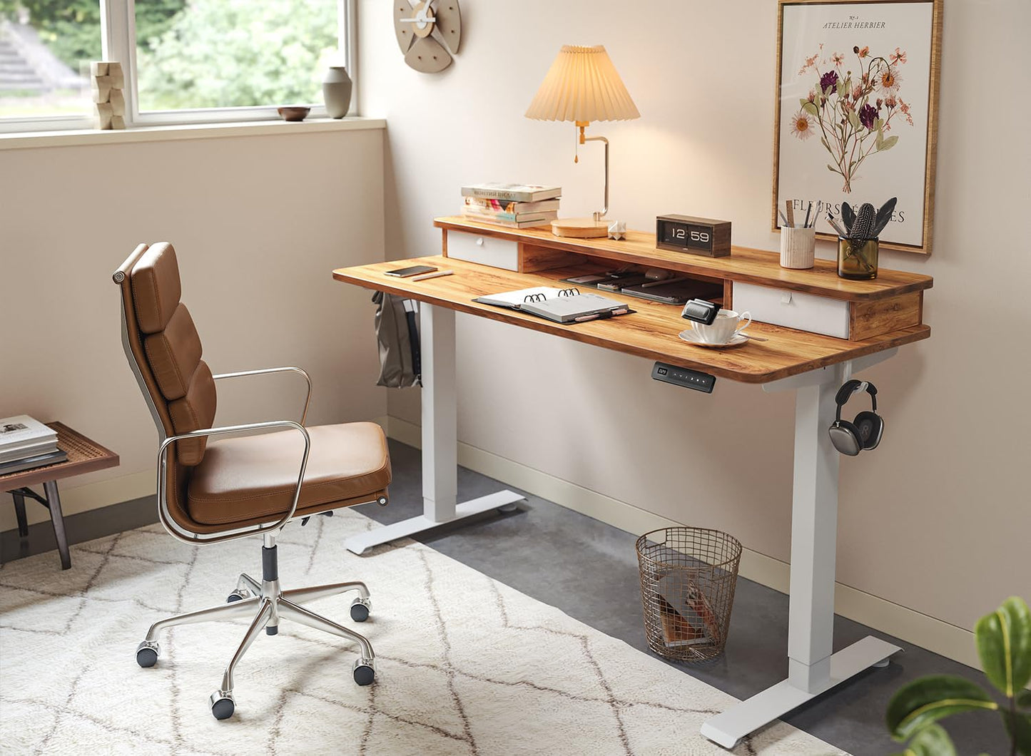 FEZIBO 40 x 24 Inch Height Adjustable Electric Standing Desk with Double Drawer, Stand Up Desk with Storage Shelf, Sit Stand Desk, Light Rustic
