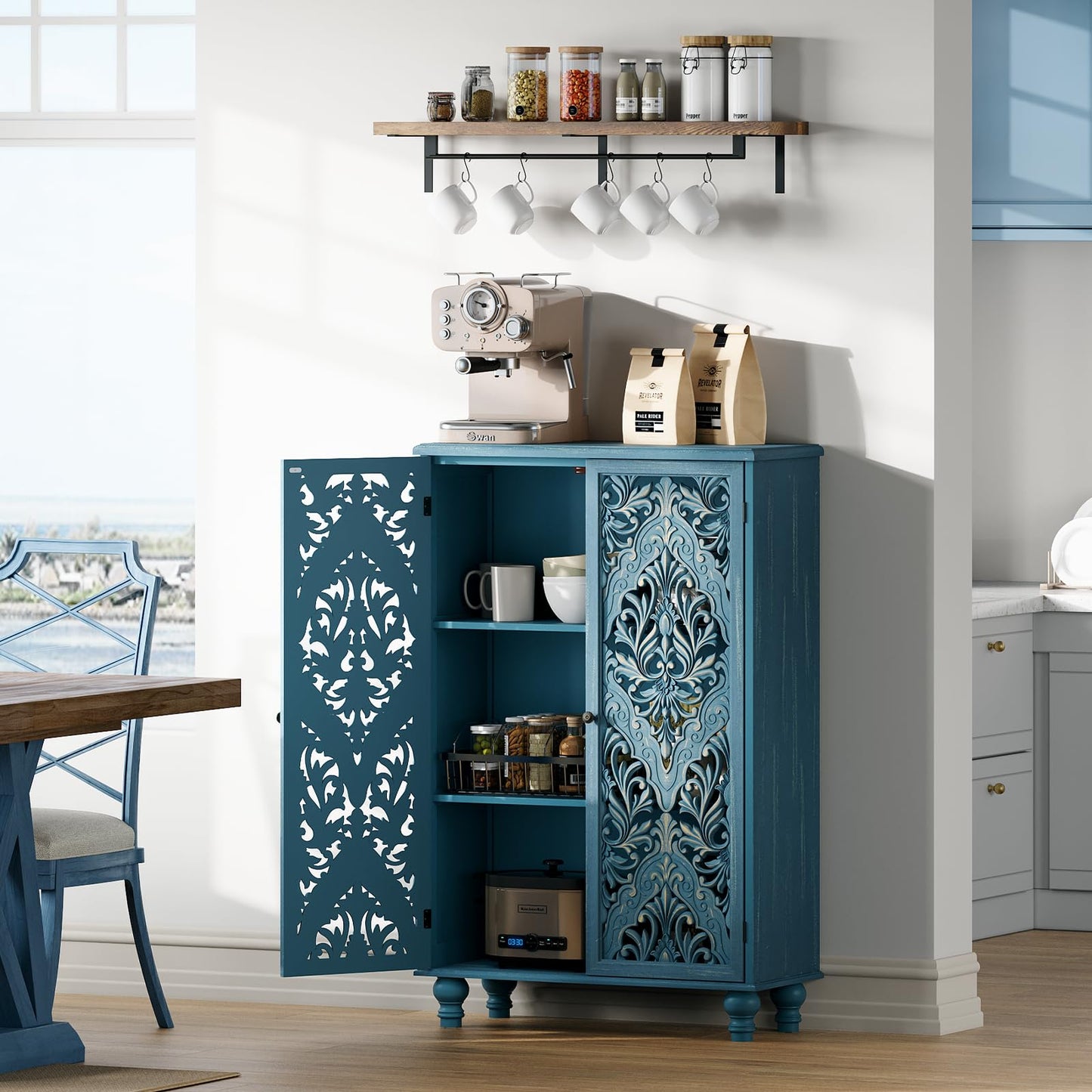 JOINICE 47" Tall Accent Cabinet with Carved Doors & Storage for Living Room,Blue Cabinet with Solid Wood Legs & 100lbs Capacity, Farmhouse/Rustic Style for Dining Room, Bedroom, Hallway, Home Office