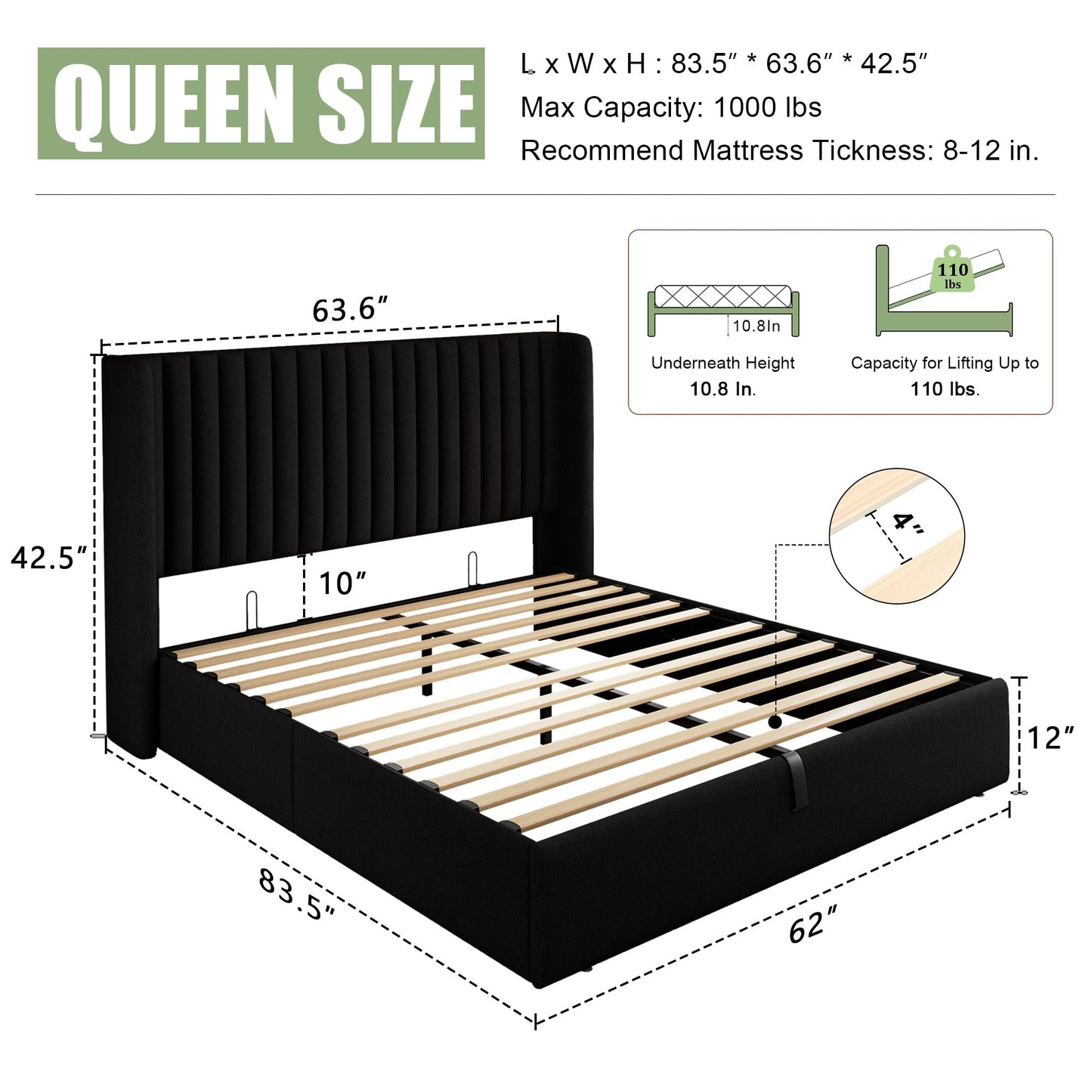 Feonase Queen Size Lift Up Storage Bed Frame, Linen Upholstered Platform Bed with Wingback Headboard, Hydraulic Storage, No Box Spring Needed, Black