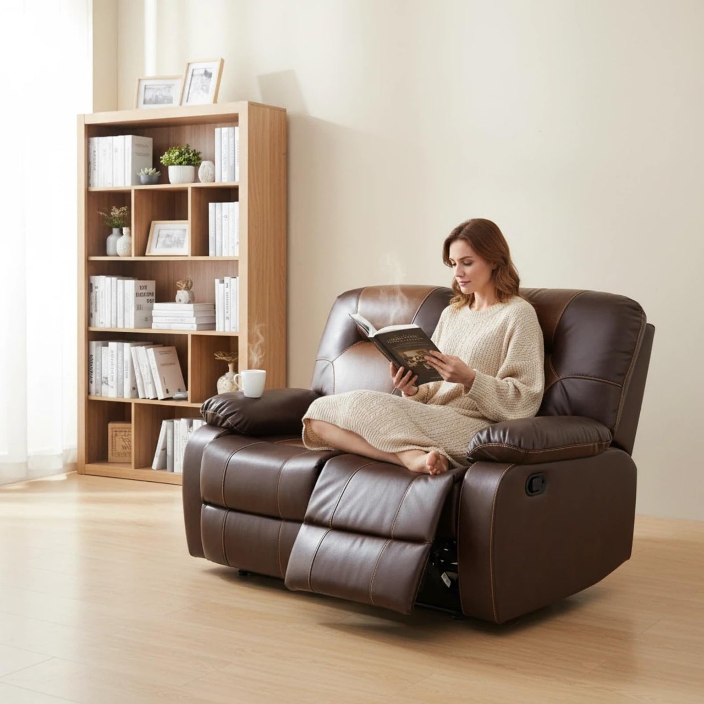 Trygoal Leather Recliner Sofa Set, Living Room Furniture Set, Adjustable Backrest Reclining Loveseat Sofa with Storage Console & Cup Holders, Manual Recliner Chair for House, Home Theater, Brown