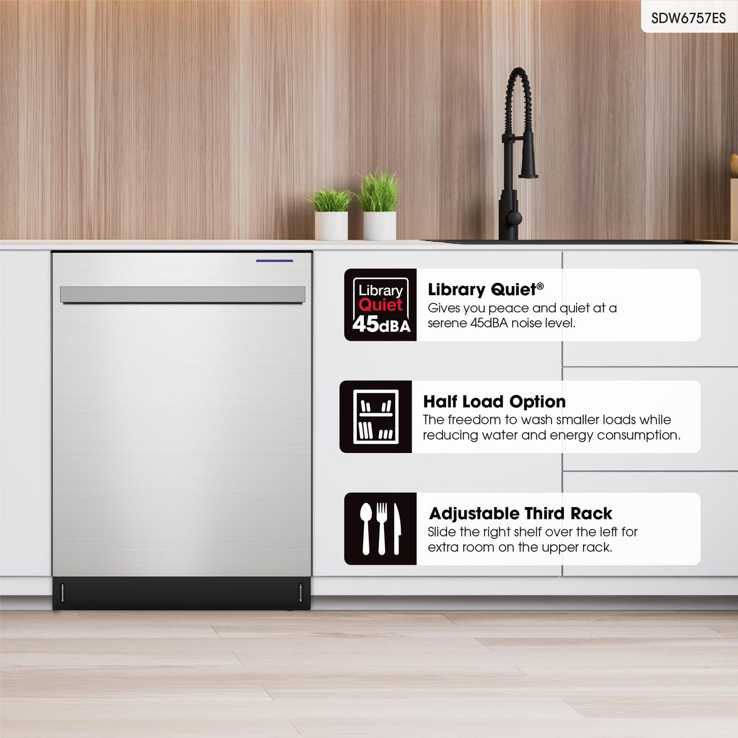 SHARP SDW6757ES Slide-In Dishwasher, Stainless Steel Finish, 24" Wide, Soil Sensors, Premium White LED Interior Lighting, Smooth Glide Rails, Heated Dry Option, Responsive Wash Cycles, Power Wash Zone
