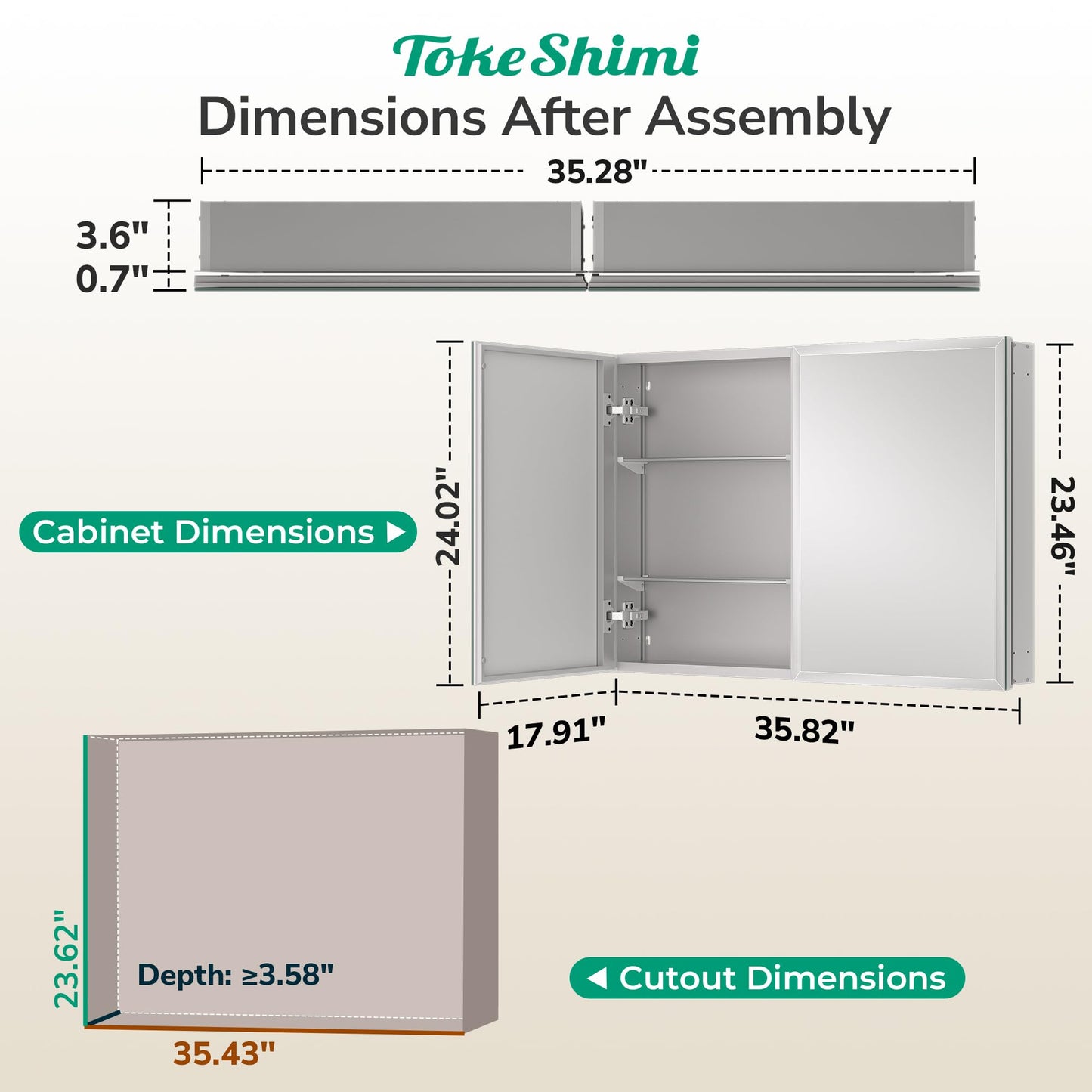 TokeShimi 36 x 24 Medicine Cabinet for Bathroom with Mirror, Assembly Required, Wall Mounted Medicine Cabinet with Tempered Beveled Mirror, Stepless Adjustable Shelves, DTC Hinge
