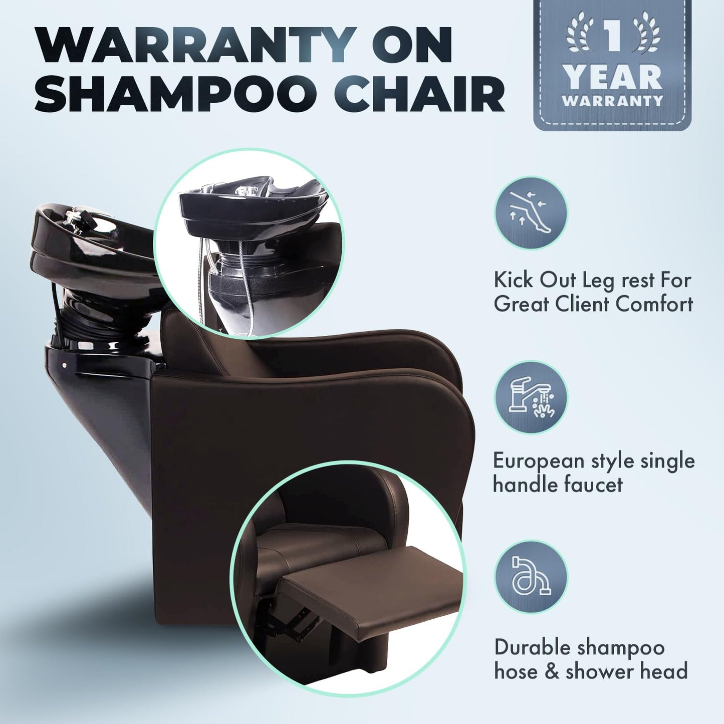 Buy-Rite Lexus Backwash Unit – Espresso Salon Shampoo Chair with Tilting Porcelain Bowl, Extra Wide Seat, Kick-Out Leg Rest, European-Style Faucet, Model TS-8018B
