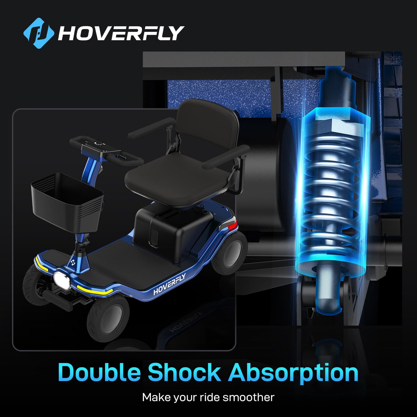 Hoverfly T5 Mobility Scooter for Seniors, Max 16.8-Mile Range & 5 mph, 3-Position Seat & Anti-slip Rear Wheel, Removed Battery & Quick Fold Design, Solid 9" Tire&330 lb Capacity, Ease of Assembly Blue