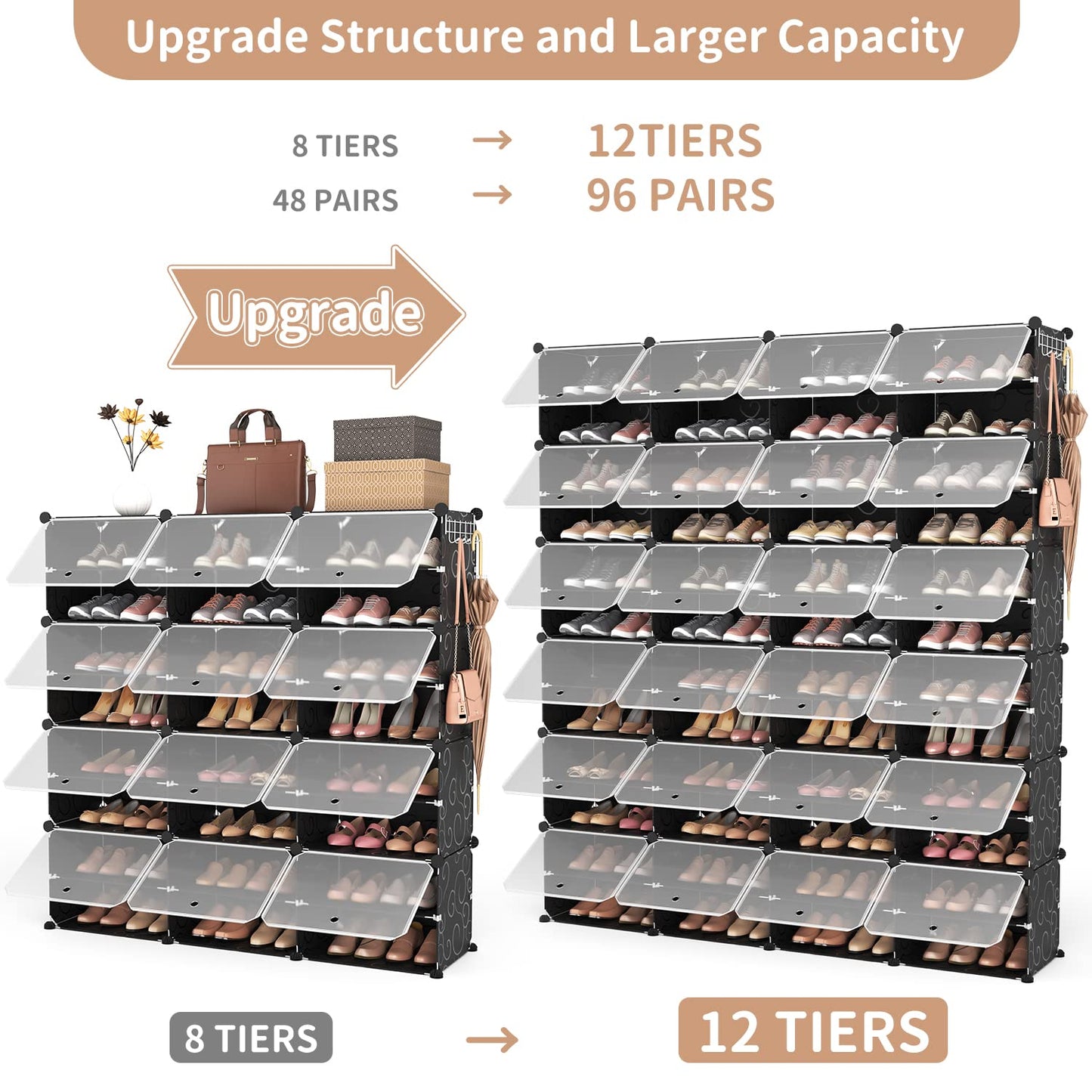 ROJASOP Shoe Storage Cabinet, 12-Tier Shoe Organizer 96 Pairs Extra Large Plastic Shoe Rack with Covers Portable Shoe Rack Organizer with Doors Big Shoe Rack for Closet Entryway Bedroom