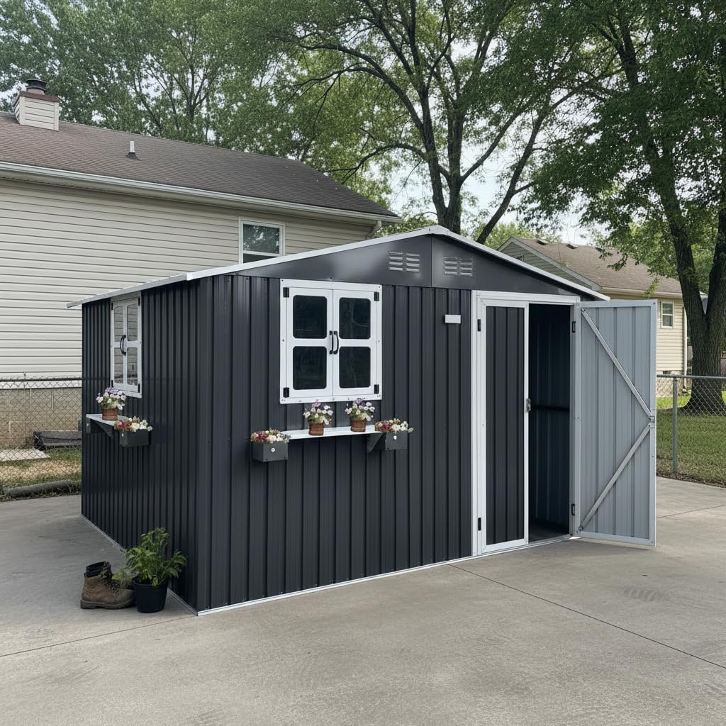 10x8 FT Storage Shed,Outdoor Metal Building Backyard Shed with 2 Clear Openable Windows,Windowsill & Garden Bed Flower Rack,Lockable Double Doors Tool Shed, Heavy Duty Waterproof,for Yard,Coal Gray