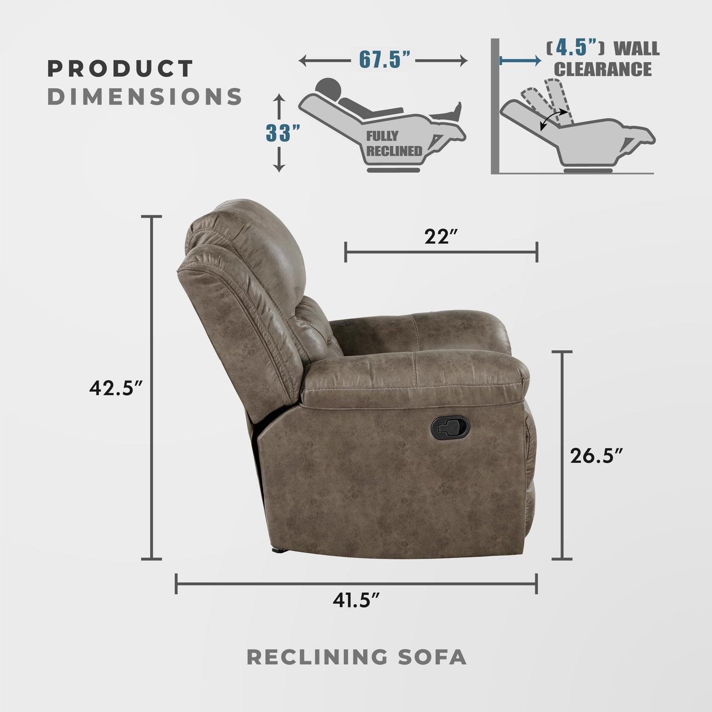 Lexicon Manual Double Reclining Sofa, Wall Hugger Polished Microfiber Manual Recliner Sofa, for Living Room, Required Assembly, Brown