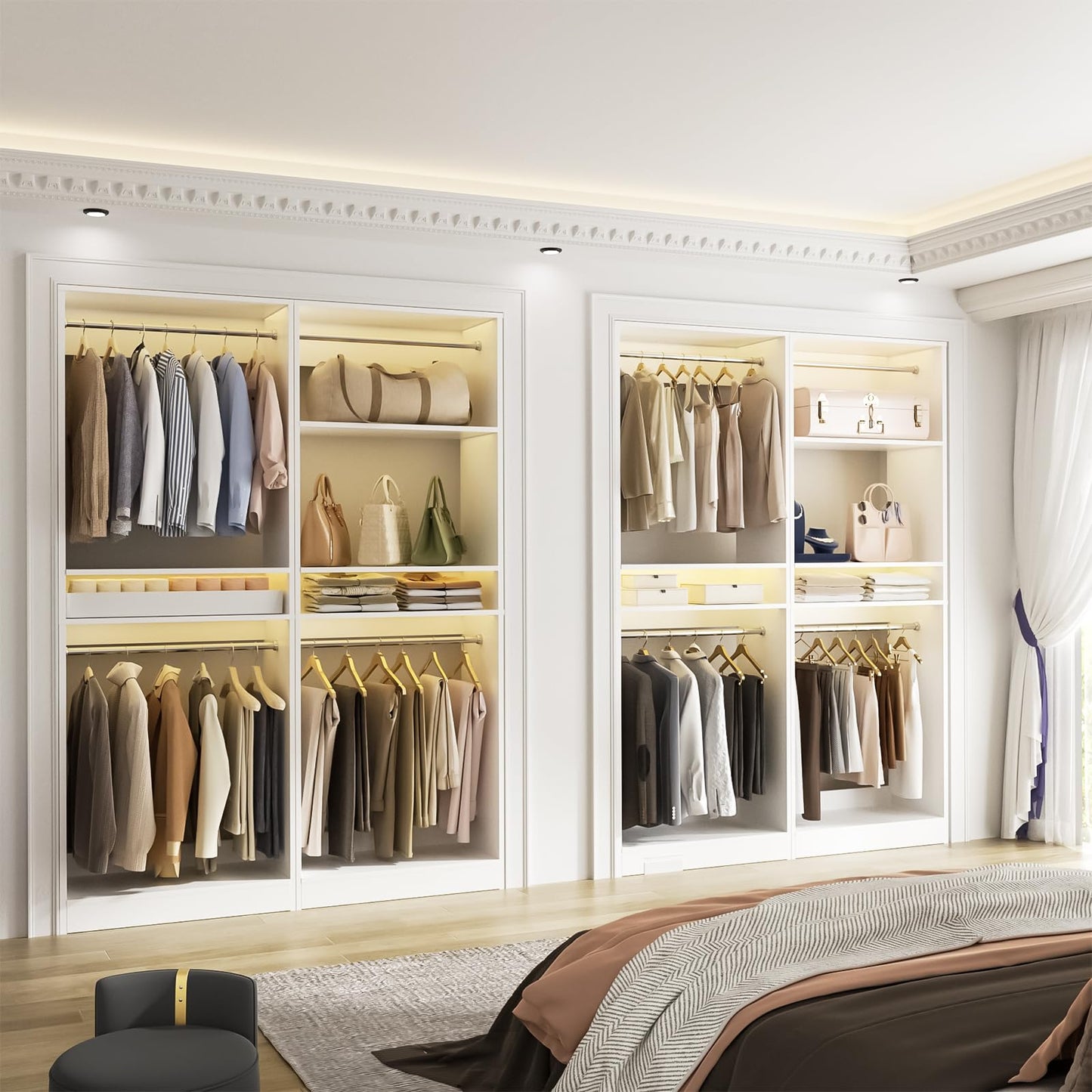 Unikito 100” Closet System, 8.3FT Wood Closet Storage Organizer with 8 Hanging Rods, Adjustable Large Walk in Wardrobe Closet Tower, Sturdy Clothes Garment Rack, Easy Assembly, Set of 4, White