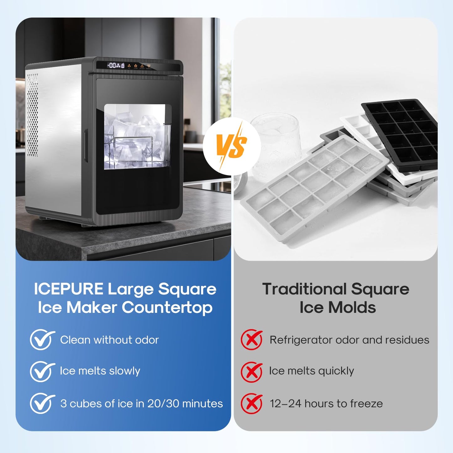 ICEPURE Clear Ice Cube Maker Portable Countertop, 3Pcs/20 Mins, 1.6" Crystal Ice Cube, 22lbs/24H, ETL Certification, Self-Cleaning, 24 Timer, Compact Ice Cube Machine for Whiskey, Cocktails, Bourbon