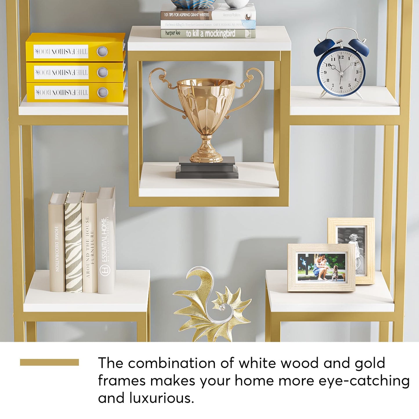 LITTLE TREE 71" Tall Bookshelf, Large Open Display Shelf, Geometric Cubed Bookcase, Modern Book Shelf with Storage Shelves for Office, Living Room, Bedroom, Gold & White