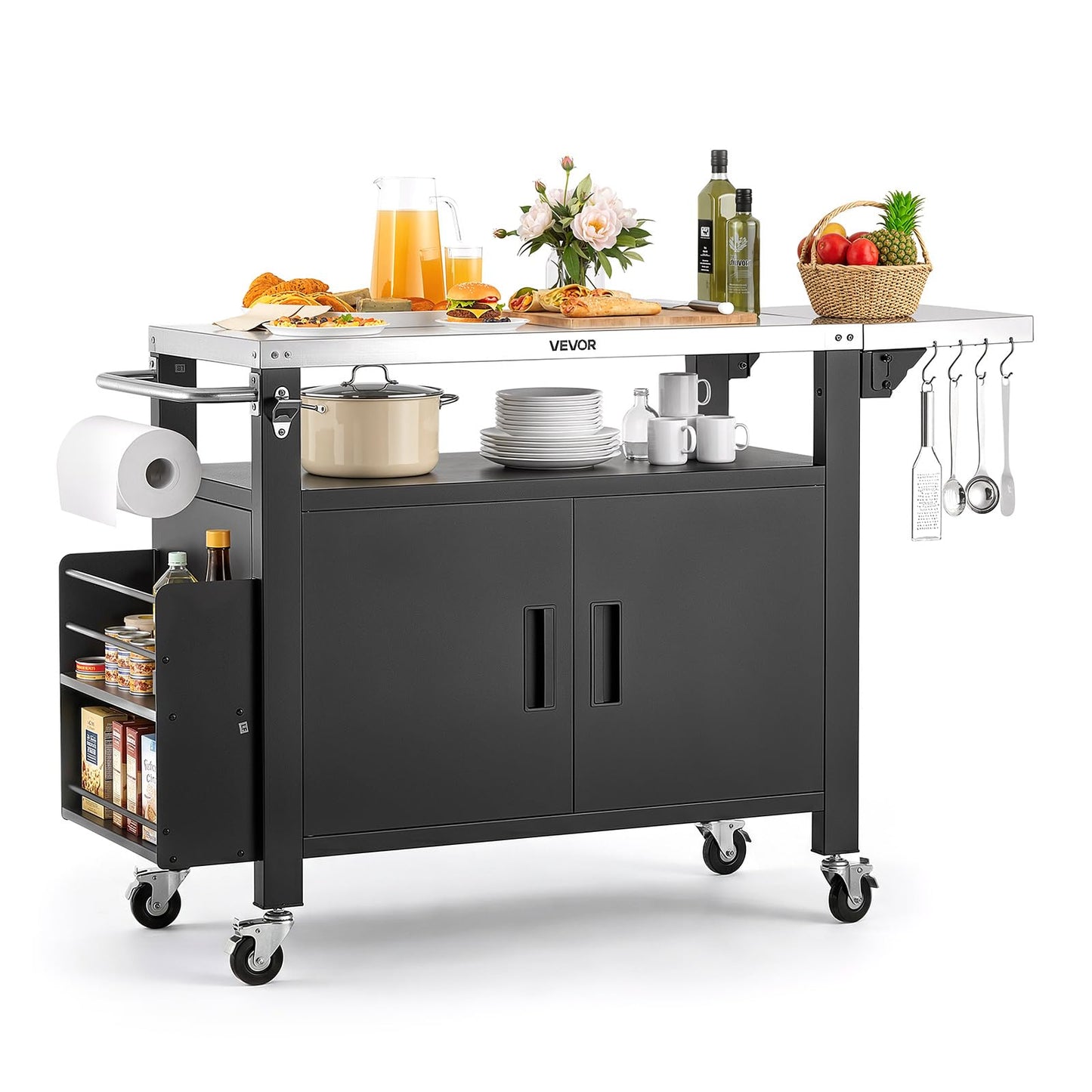 VEVOR Outdoor Grill Cart with Storage Cabinet, 55.1 Inch Grill Table, Waterproof Kitchen Island with Stainless Steel Top, Shelf, and Wheels, Movable Food Prep Station for Patio Bar Backyard BBQ