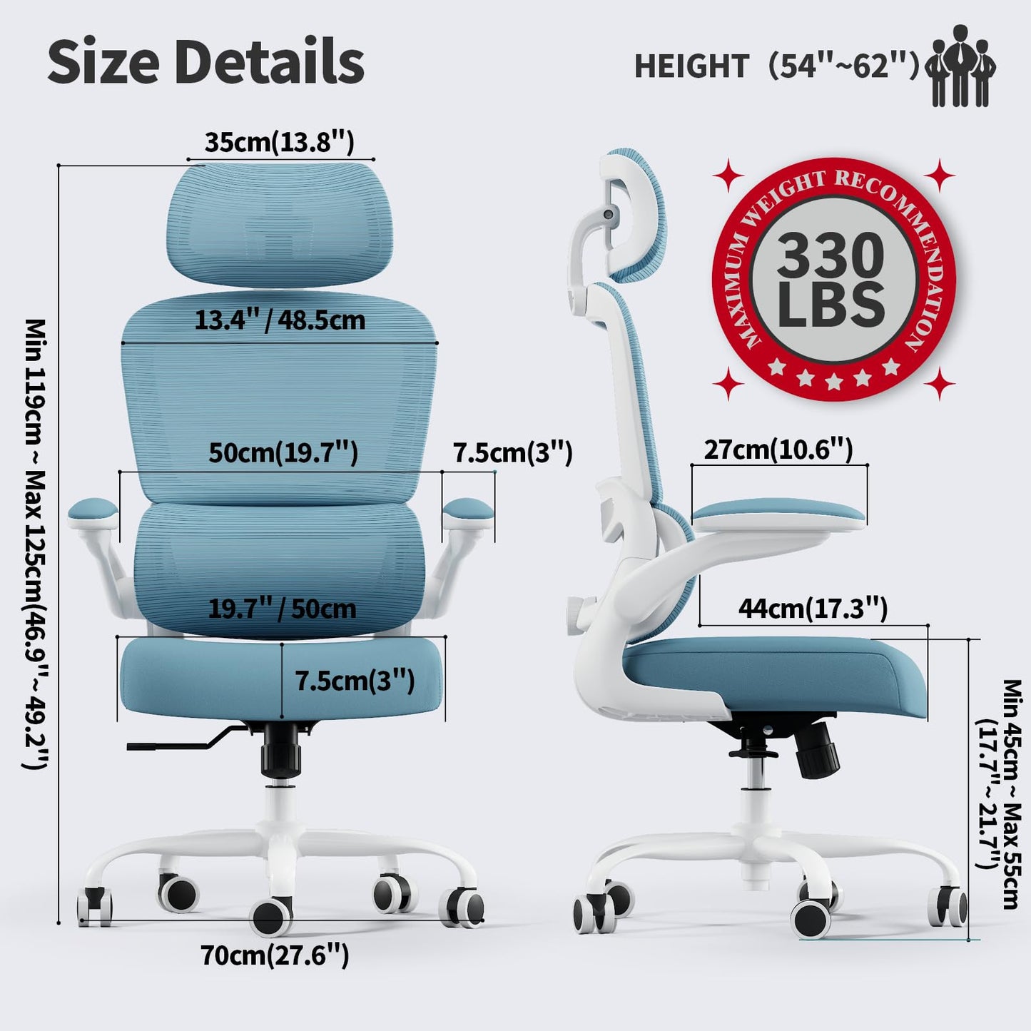 TRALT Office Chair Ergonomic Desk Chair, 330 LBS Home Mesh Office Desk Chairs with Wheels, Comfortable Gaming Chairs (Sky Blue)
