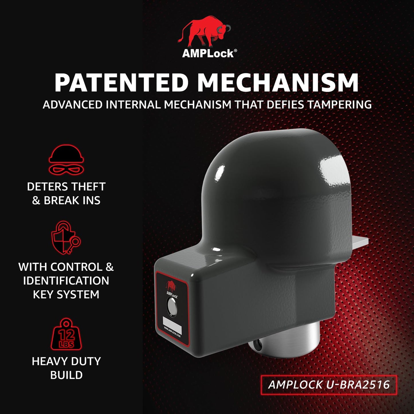 AMPLock U-BRA2516 2 5/16" Trailer Coupler Lock with Heavy Duty Round Edge Design, Push-to-Lock System, Rust and Corrosion Resistant, Fits Ball Couplers for Boat, Cargo, Utility and Travel Trailer Use