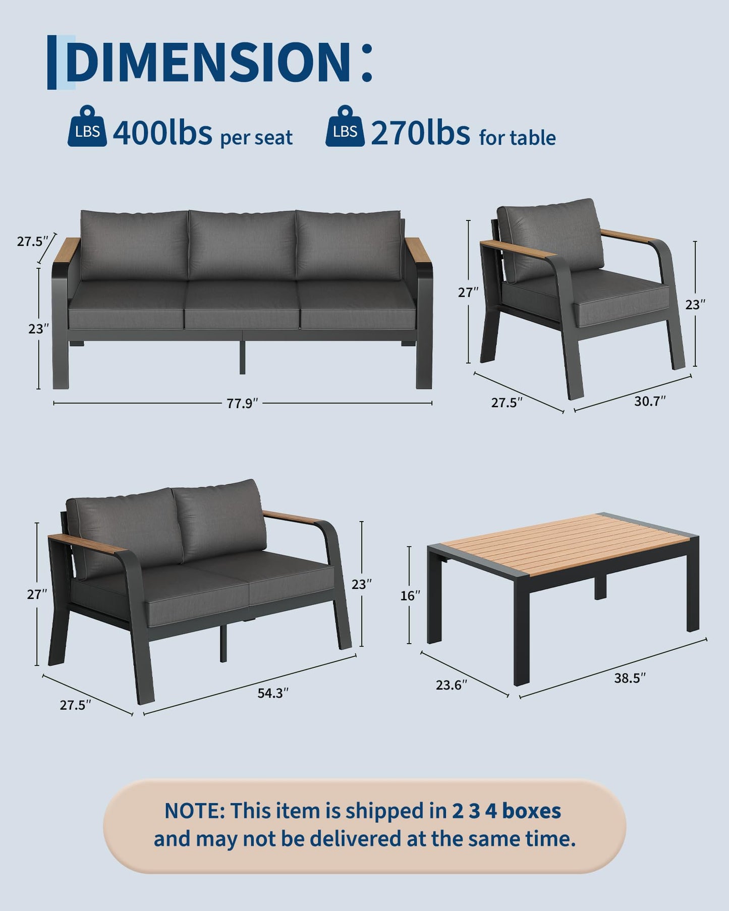Garvee Aluminum Outdoor Patio Furniture Set with Coffee Table 7 Seats Patio Conversation Set Washable Thick Cushions All-Weather Metal Outdoor Furniture Sets for Poolside Balcony Deck, Gray