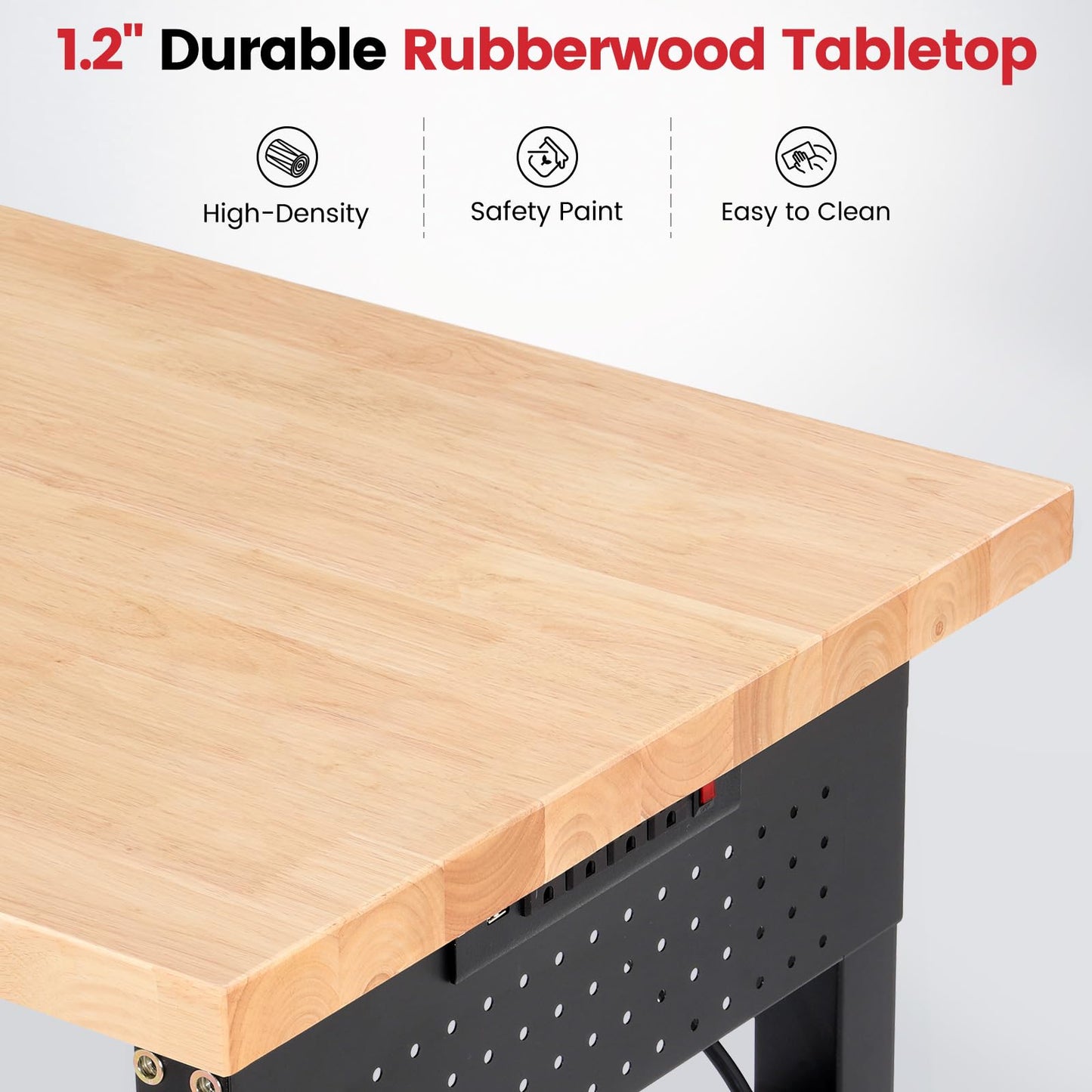ENJOYWOOD Workbench 84 Inch Heavy Duty Rubber Wood Top Work Bench Adjustable Height Work Table 5000 Lbs Load Capacity with Power Outlets & Extended Pegboard for Garage, Home, Office