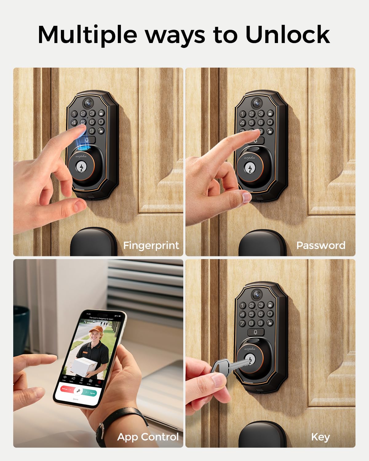 ARPHA Keyless Entry Deadbolt with Handle Set - WiFi Smart Lock with Camera, 5-in-1 Camera+Doorbell+Fingerprint+Keypad, App Control, Auto Lock, Easy Install, Waterproof for Front Door（Black）