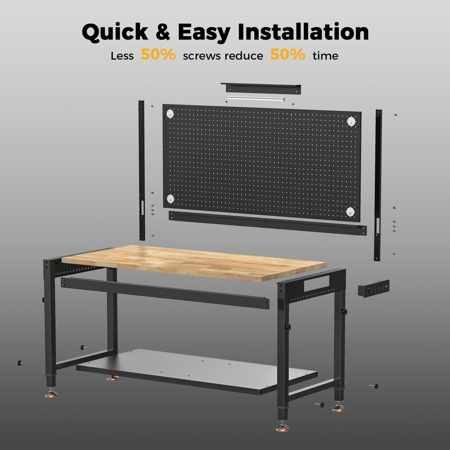 CAMMOO 48" Heavy Duty Work Bench Adjustable Height Max Load 2000 LBS with Storage Shelf for Garage Workbench, Rubberwood Tabletop with Pegboard, LED Light, Built-in Power Strip for Woodworking Shop