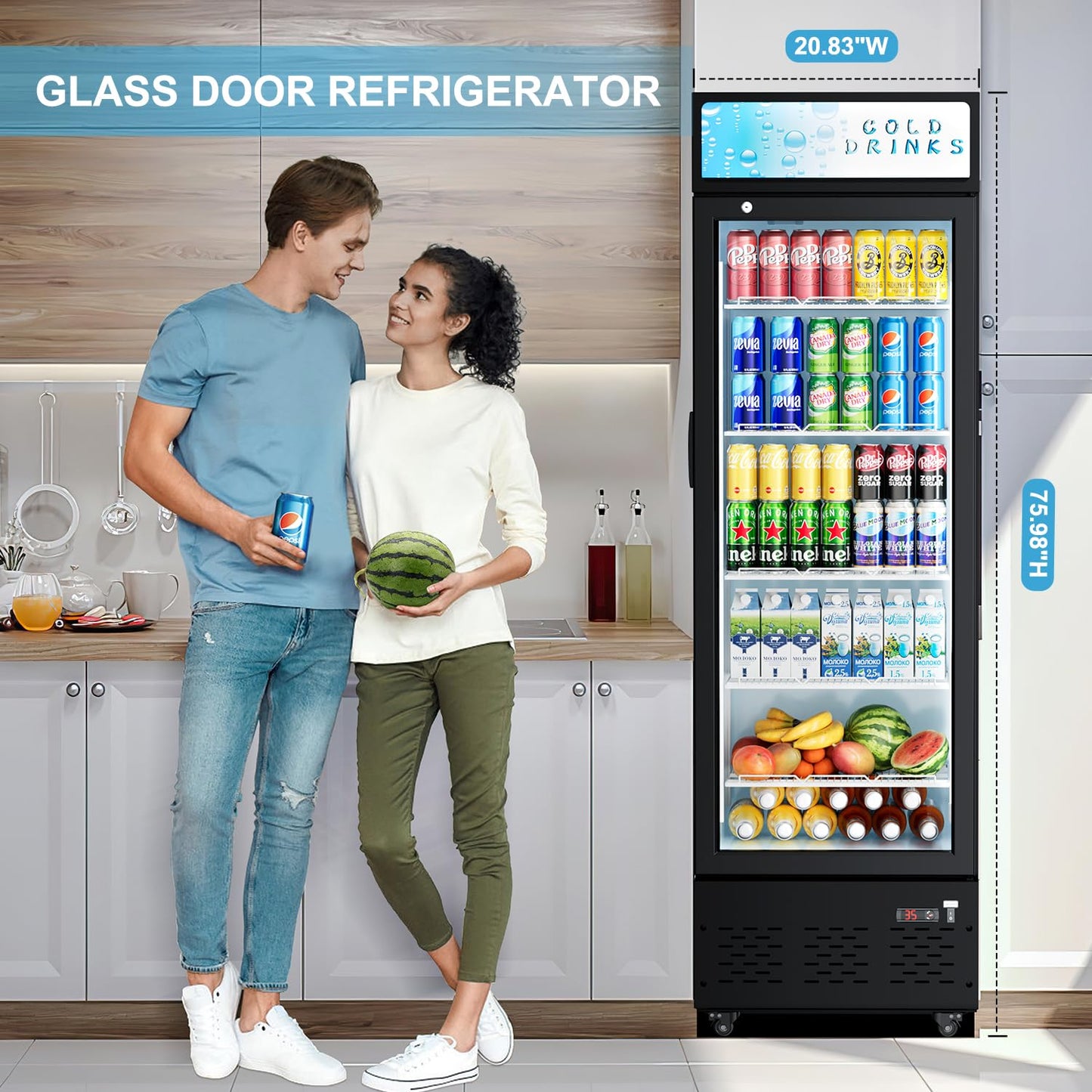 ECEVT 20.8''W Commercial Refrigerators, 11 Cu.ft. Glass Door Beverage Refrigerators Commercial Fridge Upright Display Cooler with Soft LED Light and Adjustable Shelves for Restaurant Grocery Stores