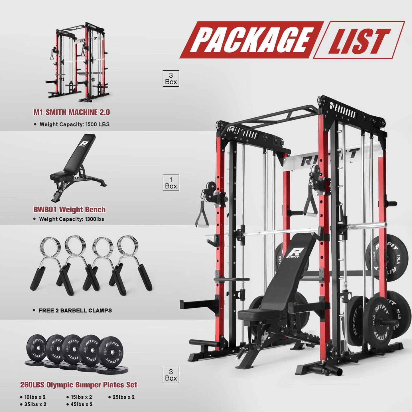 RitFit M1 Pro SmithMachine with Cable Crossover System, Multi-Function Squat Rack Power Cage for Home Gym, Power Rack and Packages Red（bp260 Package）
