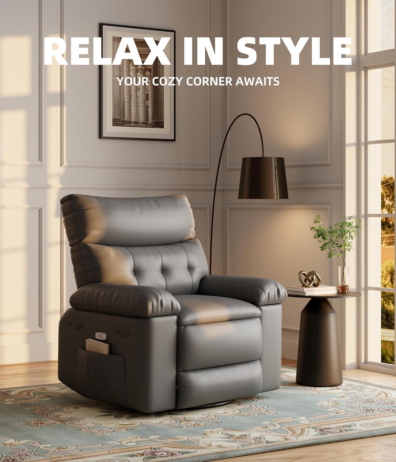 Oversized Recliner Chair for Adult,150°Recliner Chairs Ergonomic Nursery Chairs, Extra Wide Manual Recliners,PU Leather Upholstery Soft Sofa Chair for Livingroom,Grey