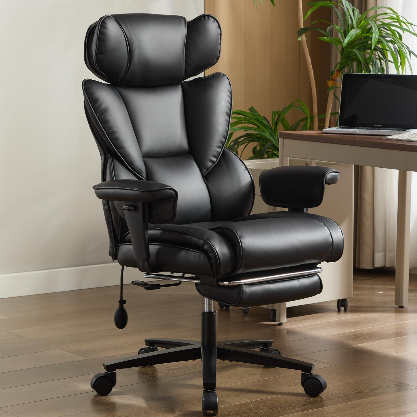 600lbs Big and Tall Office Chair with Foot Rest & Flip Arms, Plus Size Office Chair for Heavy People, Inflatable Adjustable Lumbar Support, Ergonomic Breathable Leather Chair, Quiet Rubber, Black