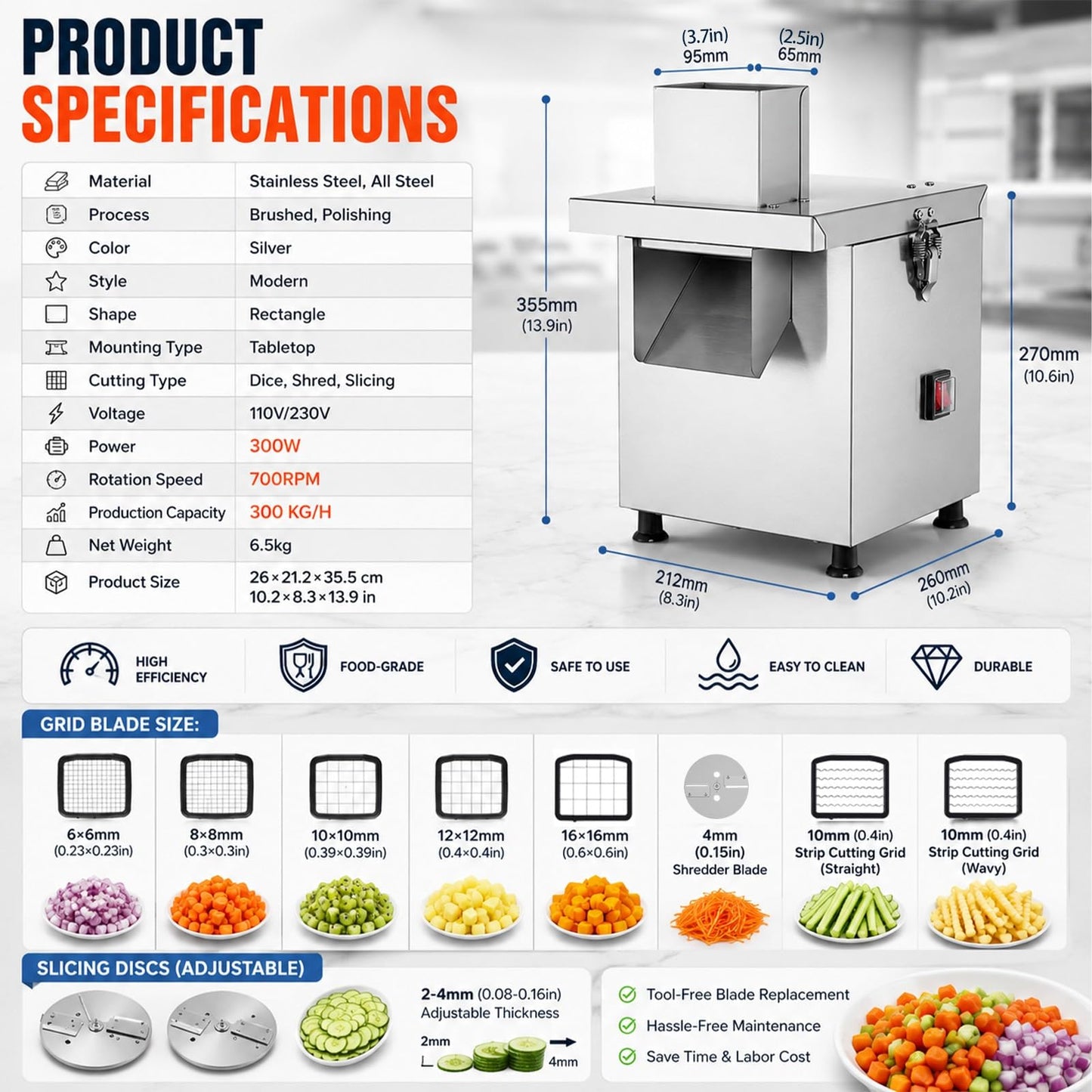 Commercial Vegetable Chopper Electric, Heavy Duty Stainless Steel Food Dicer Machine, Automatic Potato Chipper & Onion Cube Cutter with 5 Grid Blades for Restaurant Catering