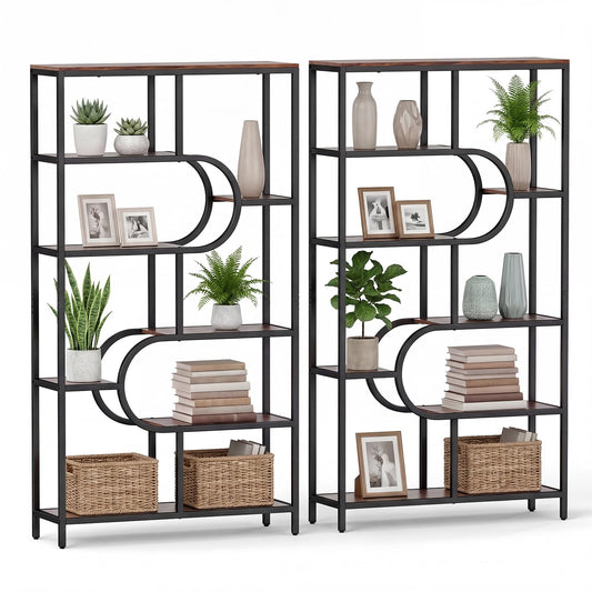 Giantex 5-Tier Bookshelf Set of 2, 69" Tall Etagere Bookcase w/Open Storage Shelves, Industrial Geometric Display Shelf w/Oval Shape, Metal Frame, Freestanding Storage Organizer for Living Room