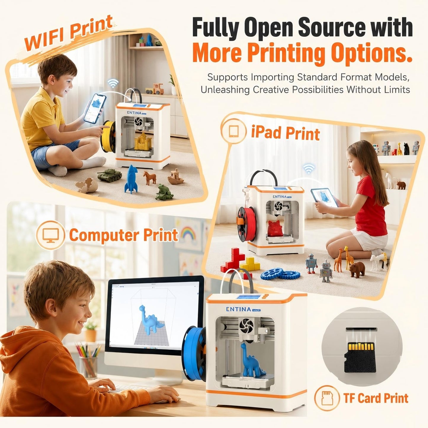 Entina Tina2C 3D Printer for Kids & Beginners, Fully Assembled Starter Mini 3D Printer, Start in 8 Mins, App & WiFi Control, Auto Leveling, 3000+ Model Library, 20+ Creative DIY Modules for STEM, Home