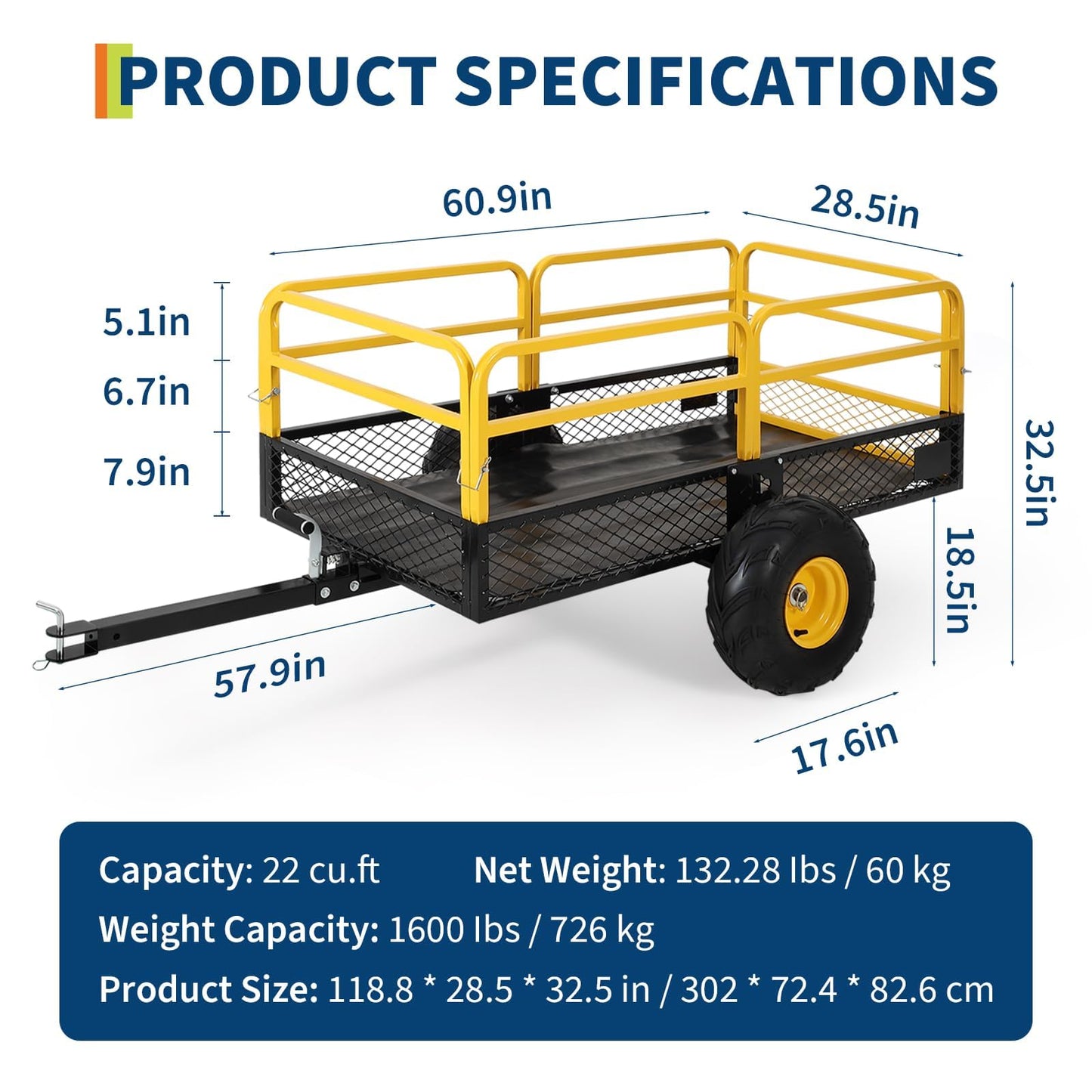 22 Cu.Ft 1600Lbs Steel ATV UTV Trailer Tow Behind Dump Cart, Heavy Duty Pull Behind Utility Dump Trailer for Lawn Mower Trailer Tractor Garden Yard with Removable Rear Panel
