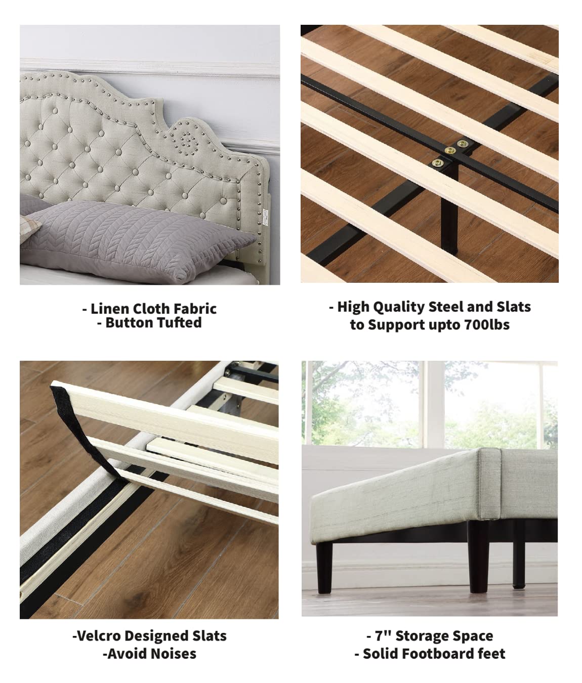 Queen Upholstered Platform Bed Frame with 47" Tall Adjustable Headboard - Button Tufted Linen Bed - Wood Slat Support with Storage Space - No Box Spring Needed - Beige - Oliver & Smith - Elizabeth
