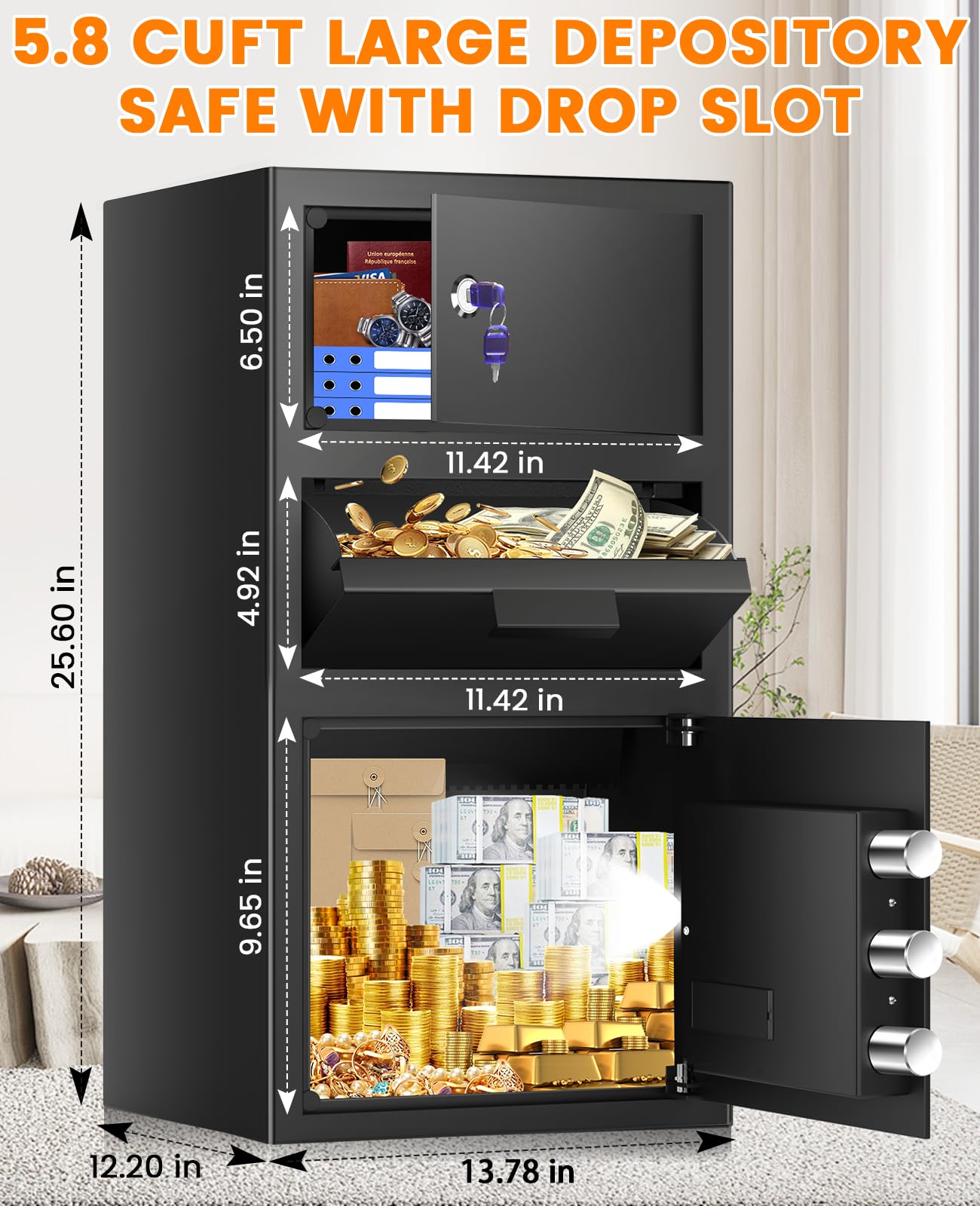 5.8 Cuft Large Biometric Drop Safe for Business, Anti-Theft Fingerprint Safe with Quick Place Drop Slot, Digital Keypad and Spare Key, Safe Box for Home Office Retail Store Business Mail Church