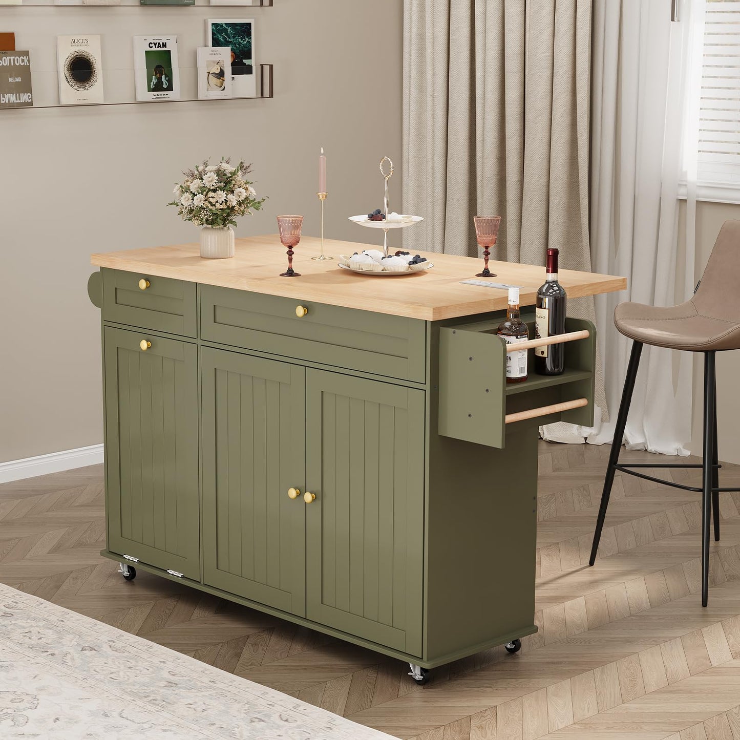 ComfyCorner 60" Rolling Large Kitchen Island on Wheels with Extendable Table, Drop Leaf & Power Outlet, Mobile Kitchen Cart with Storage Cabinet, 2 Drawers, Spice Rack, Towel & Knife Holder, Green