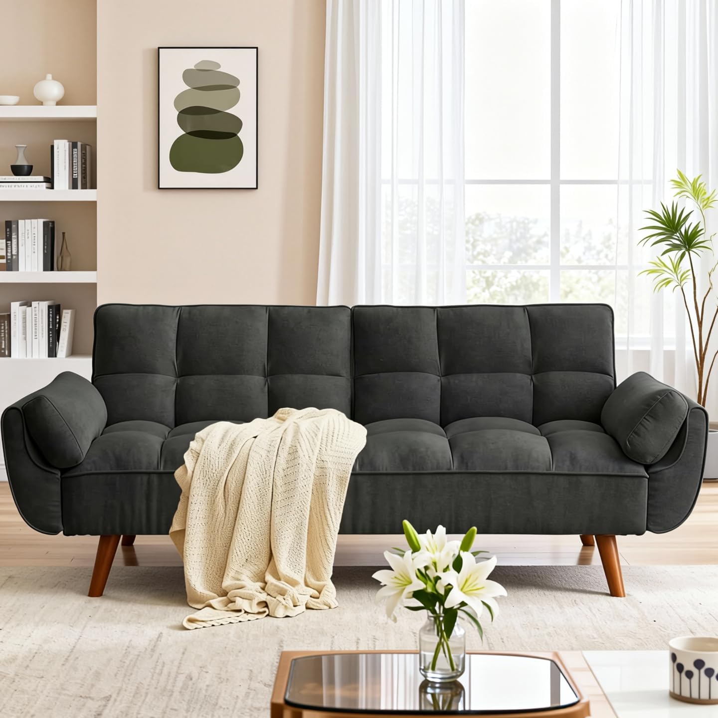 Trygoal Convertible Futon Sofa Bed, Modern Futon Couch with 2 Pillows, Small Futons Couch with Adjustable Armrest & Backrest, Loveseat Sofa Bed for Living Room, Bedroom, Black