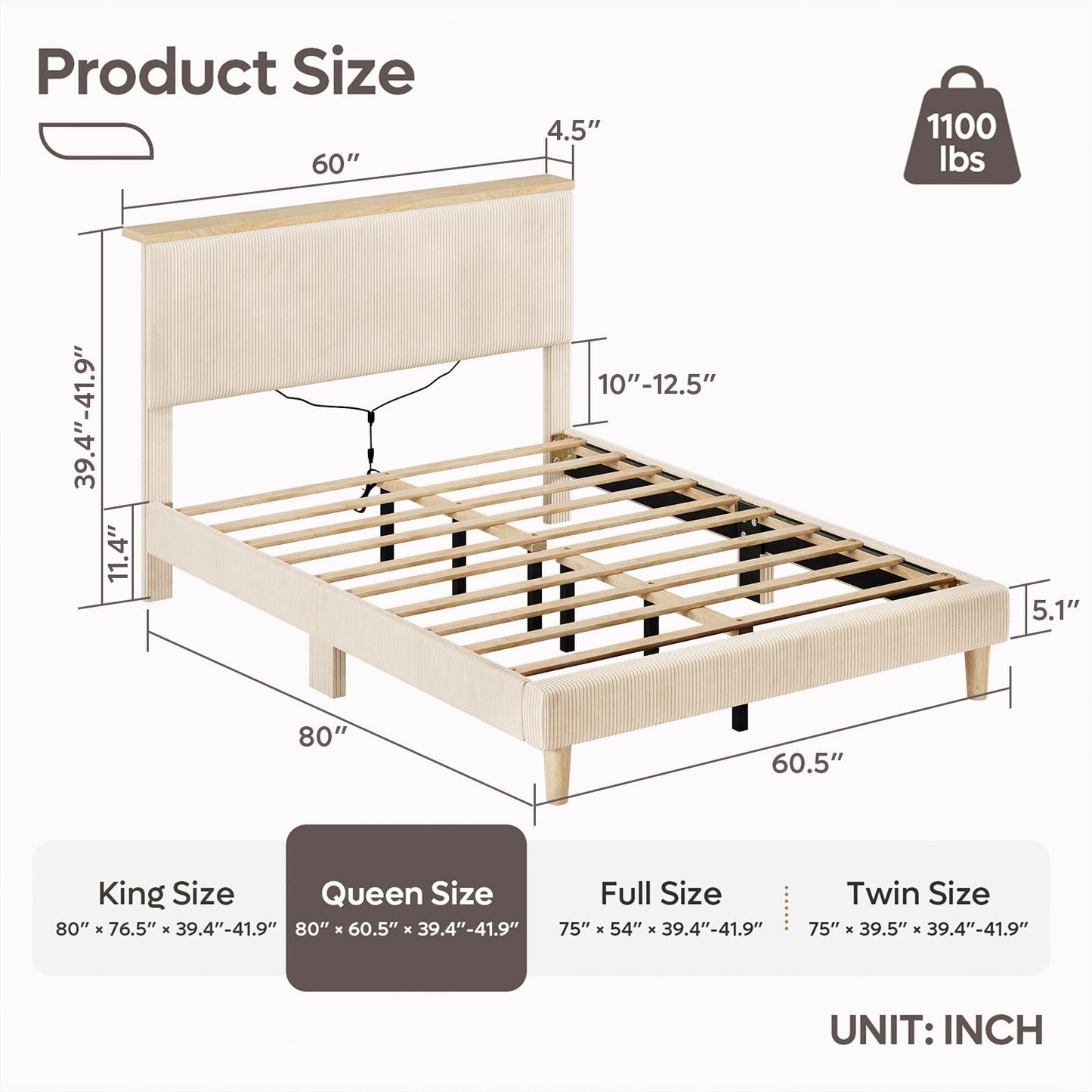 Bestier Queen Bed Frame with Adjustable Headboard & LED Lighting, Corduroy Upholstered Platform Bed Frame with Storage Shelf, Solid Wood Slats, No Box Spring Needed,Never Squeak, Easy Assembly, Beige