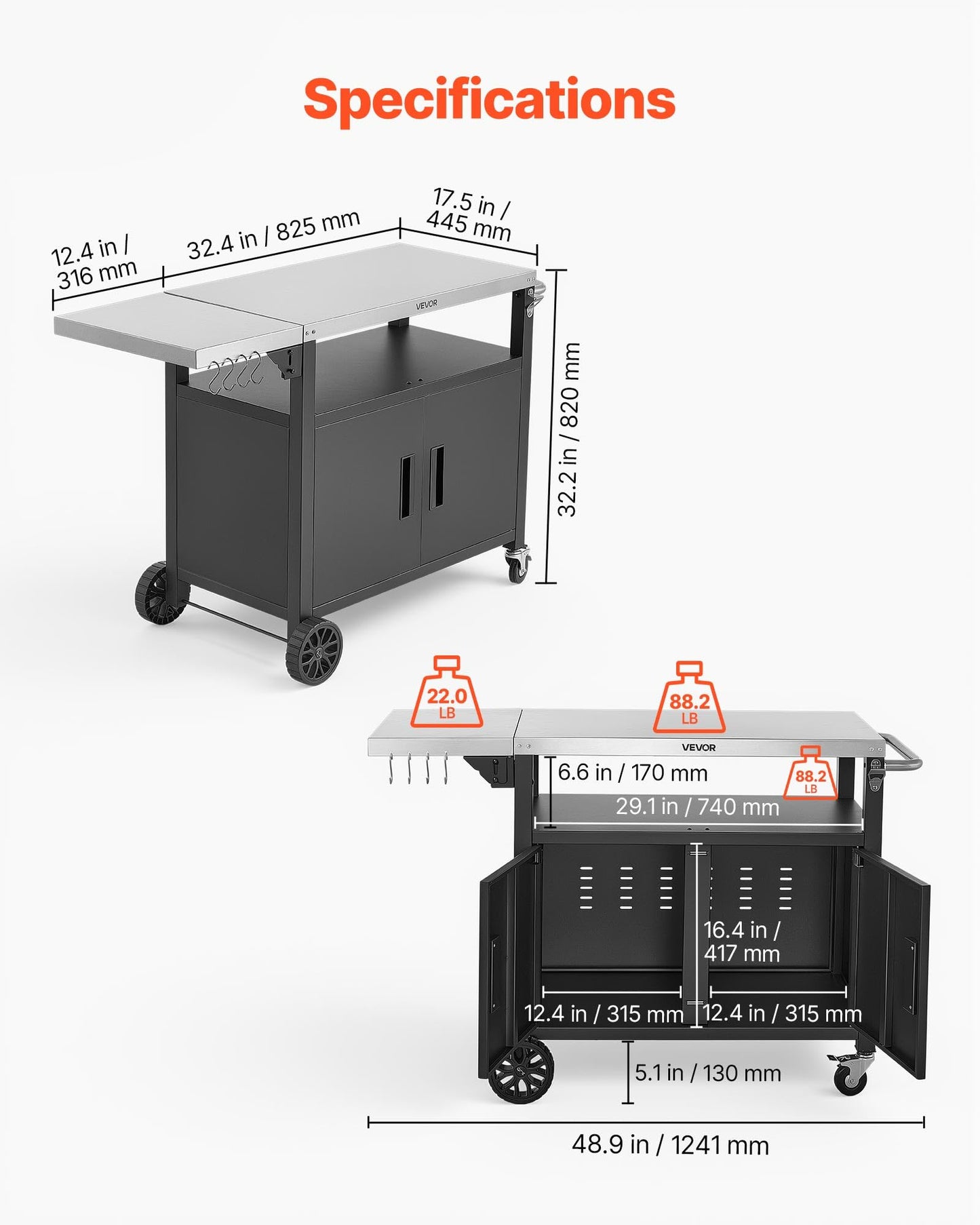 VEVOR Outdoor Grill Cart with Storage Cabinet, 48.9 Inch Grill Table, Waterproof Kitchen Island with Stainless Steel Top, Shelf, and Wheels, Movable Food Prep Station for Patio Bar Backyard BBQ