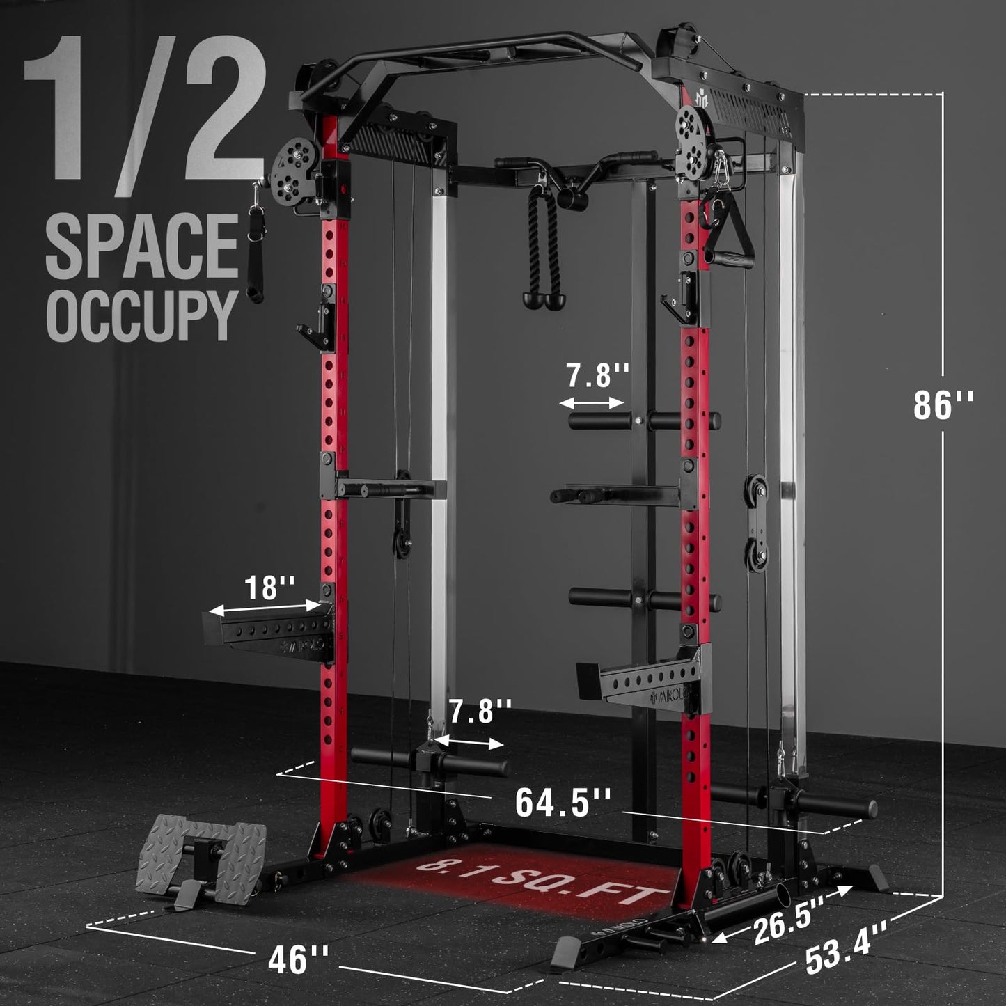Mikolo Power Cage, 2000LB Power Rack with Independent Dual Pulley System, Multi-Function Home Gym Workout Machine for Cable Crossover and Squat(Red Package)