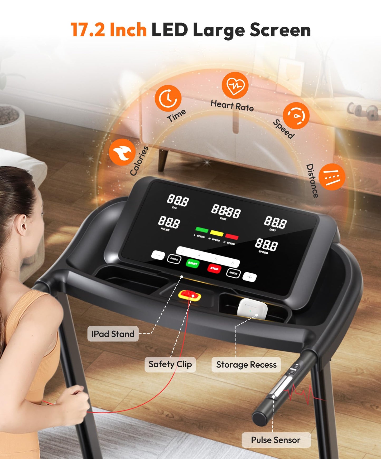 THERUN Incline Treadmill, Running Treadmills with Incline, Foldable Treadmills Heart Rate Sensors, 18″LED Display Manual Adjustment, 3.0HP Treadmill for Indoor Fitness Workouts, Black Red